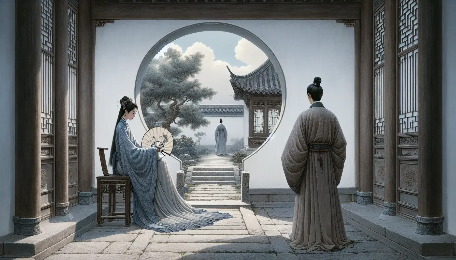Traditional Chinese courtyard scene with a woman in a blue Song Dynasty robe sitting on a stool and a man in a neutral robe facing a moon gate and garden.