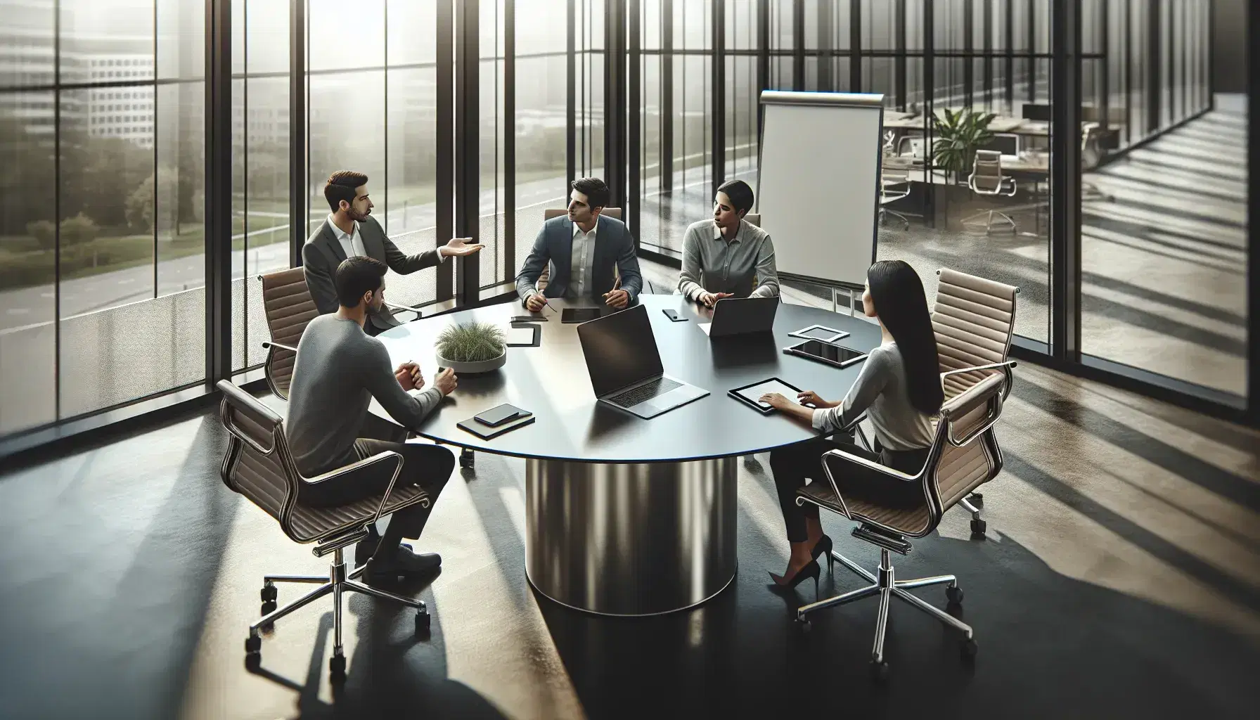 Modern and bright office environment with round table, digital devices and four professionals in meeting, plants and whiteboard.