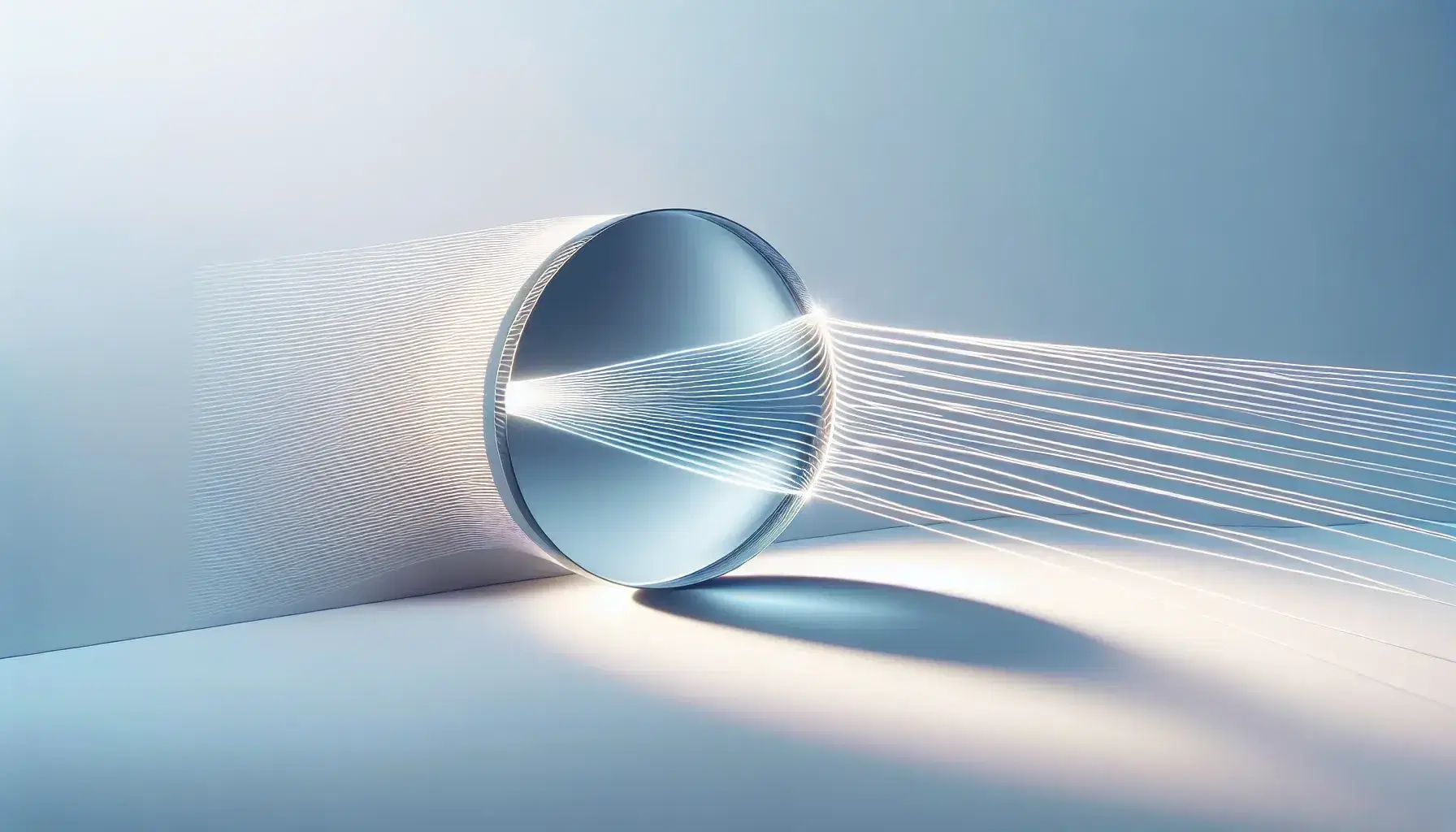 Biconvex glass lens on white background with refracted light beam converging to a focal point and diverging, demonstrating light refraction.