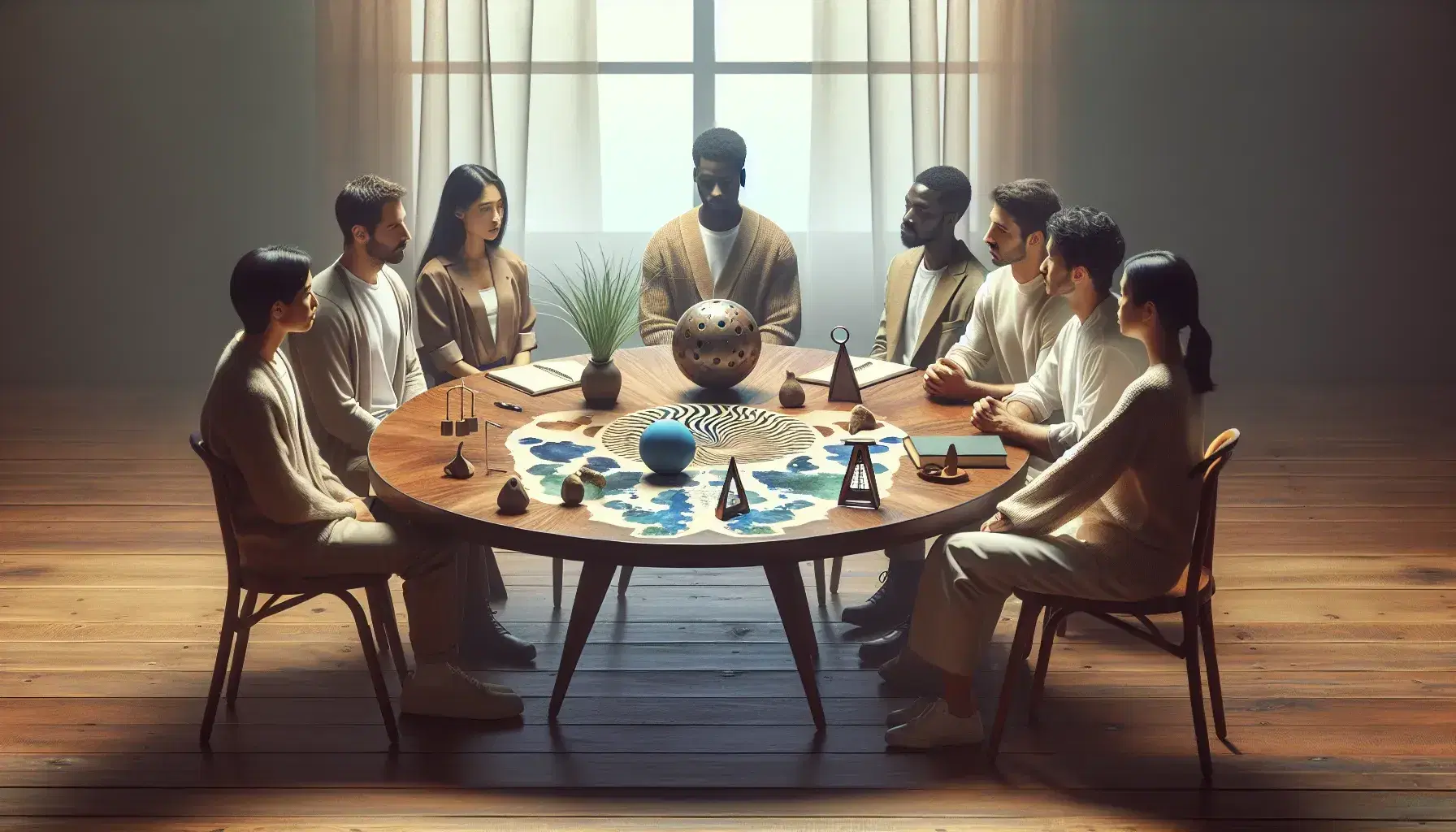 Round dark wooden table with six different people in serious discussion, psychological tools laid out and soft natural light from the window.