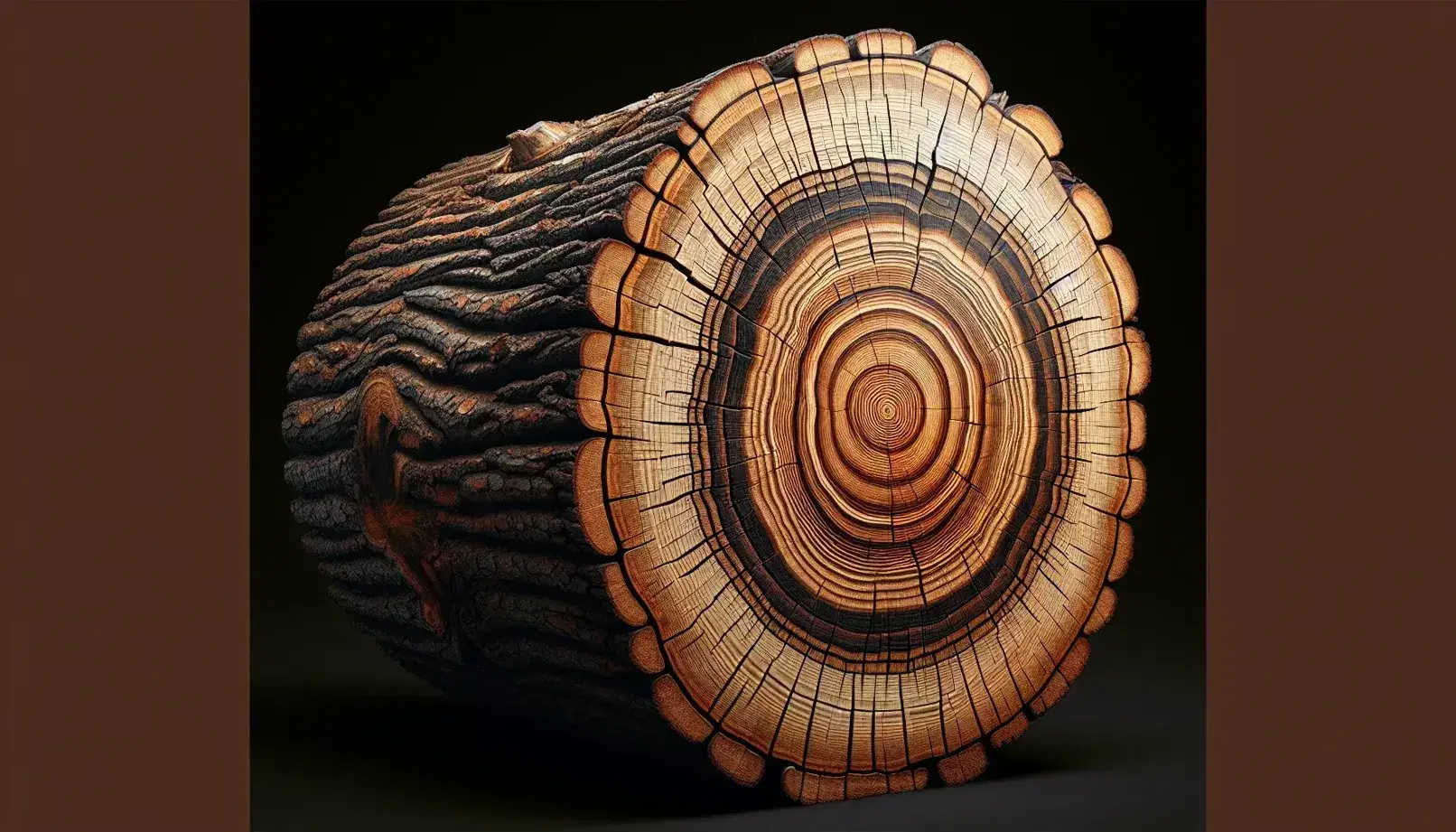 Cross section of a tree trunk showing growth rings in shades of brown, dark bark and wood details with natural cracks.