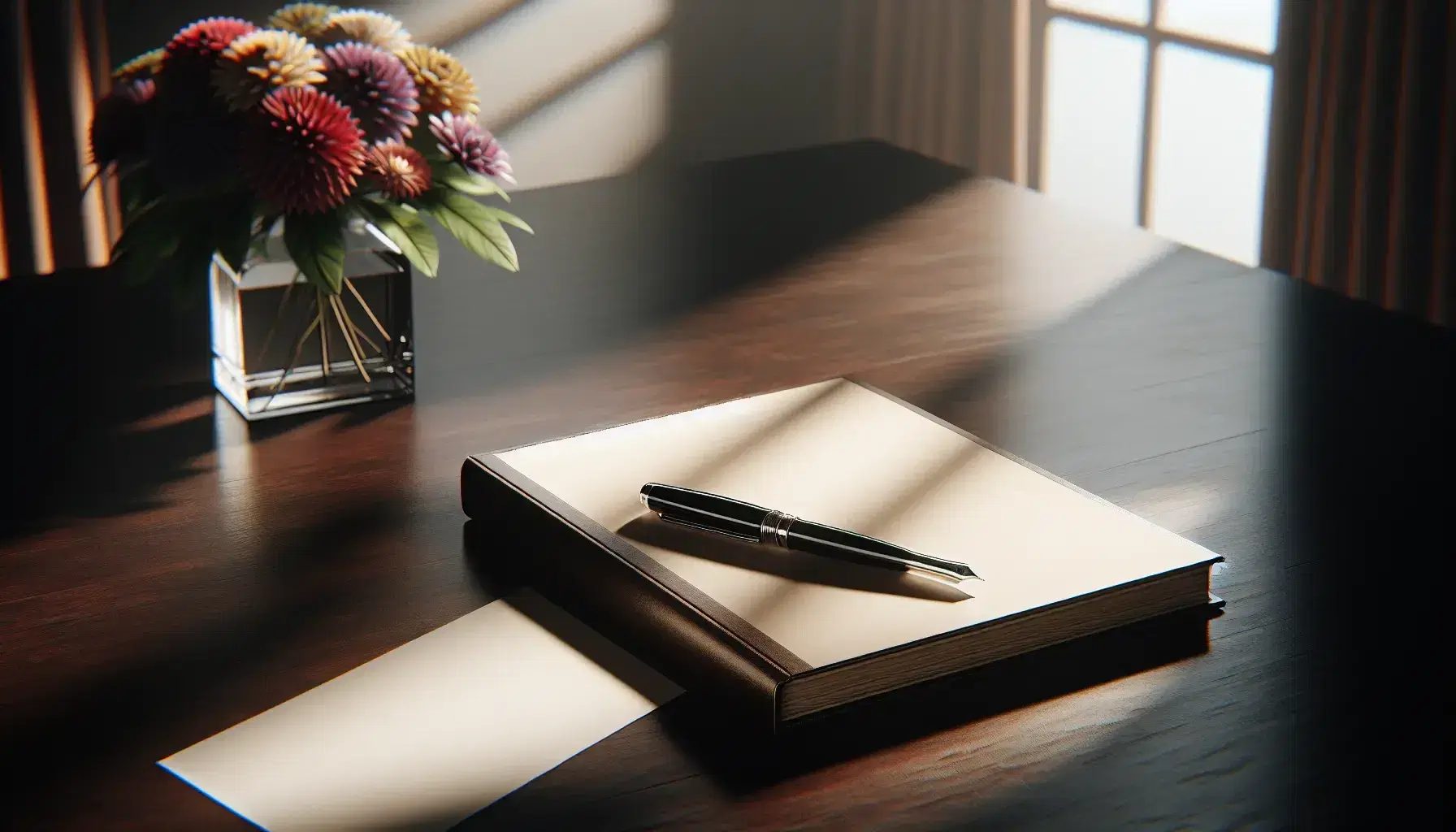 Scrivania in legno scuro con libro aperto, penna stilografica nera e foglio bianco, sfondo con vaso di fiori multicolori.