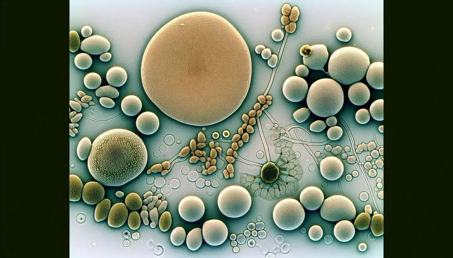Esporas fúngicas y algas bajo microscopio, destacando una espora fúngica ovalada marrón central, esporas de algas verdes y una cadena de esporas fúngicas filamentosa.