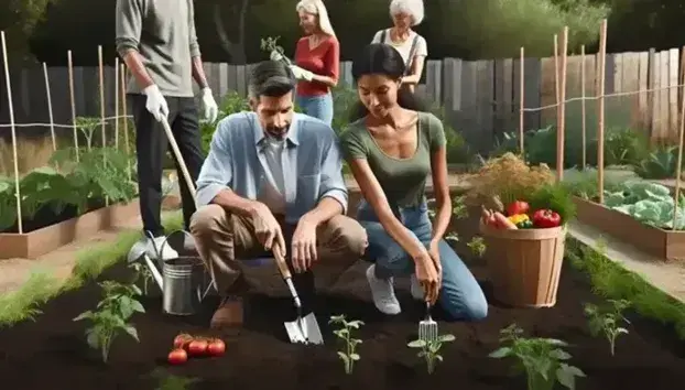 Group of multi-ethnic adults working in a community garden, planting and watering plants on a sunny day.