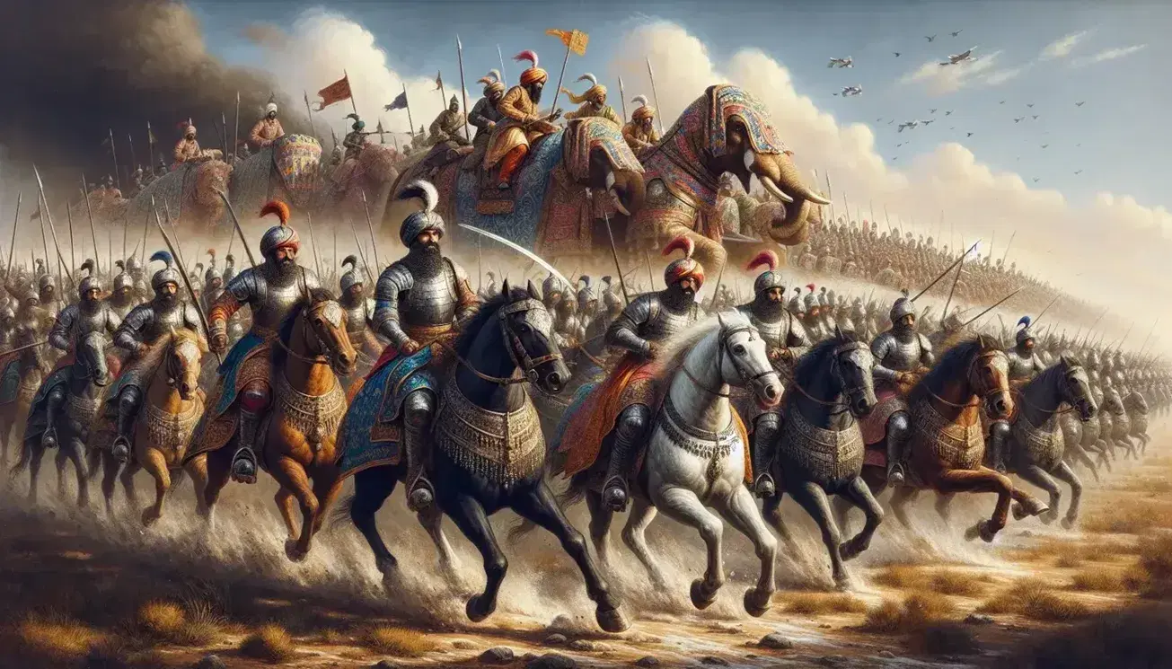 Mughal cavalry charges with armored horses and war elephants adorned in red, blue, and gold, amidst a dusty battlefield under a clear sky.