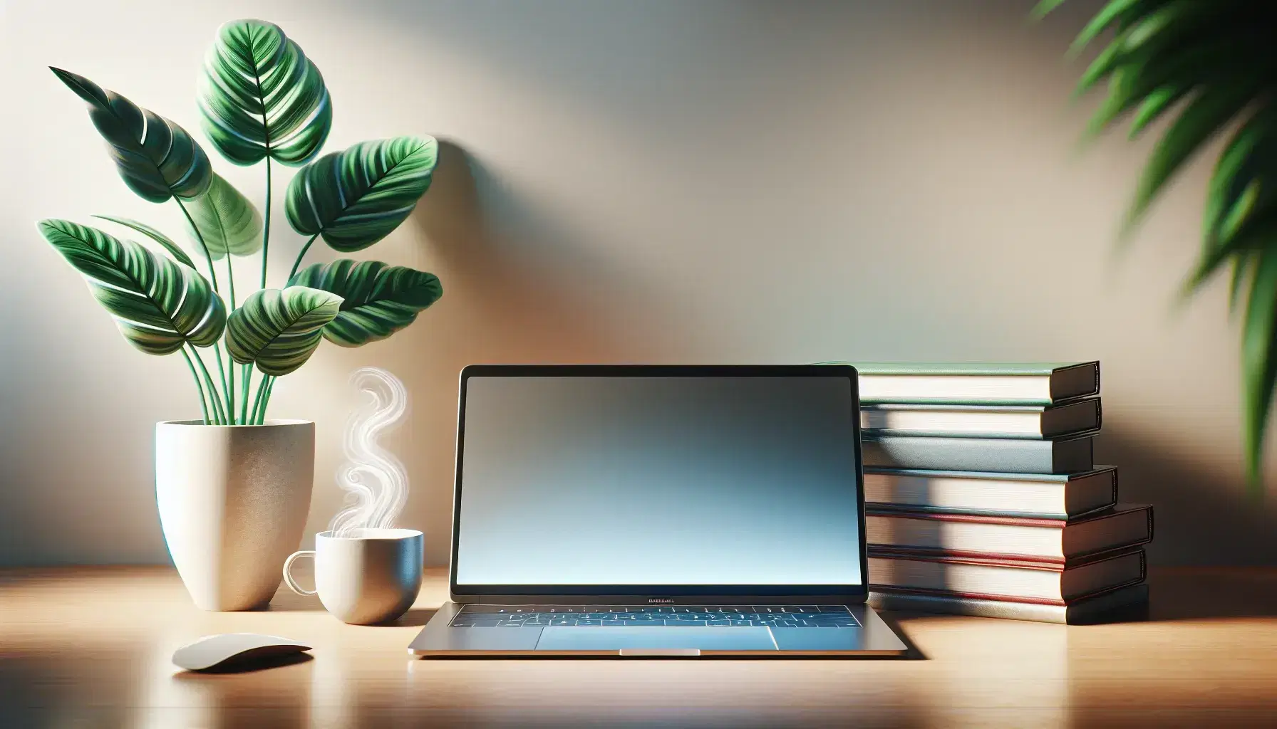 Wooden desk with modern laptop, cup of steaming coffee, stacks of hardback books and green plant, in a warm and studious environment.