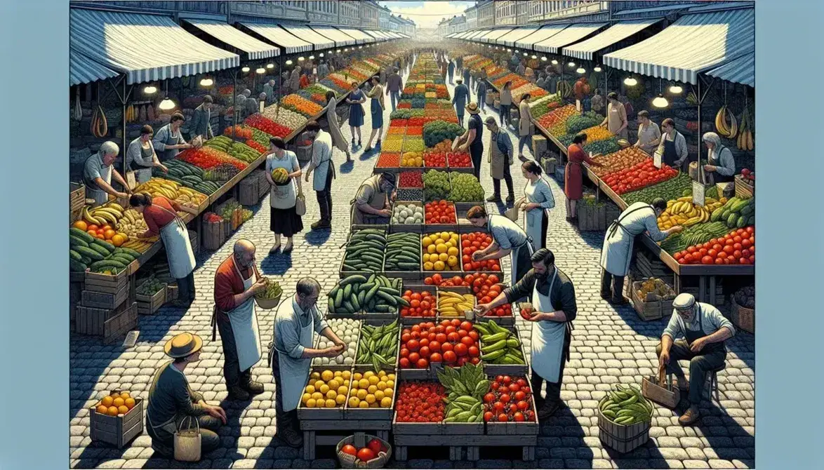Open-air market with wooden stalls full of colorful fruit and vegetables, sellers and customers busy shopping under a blue sky.