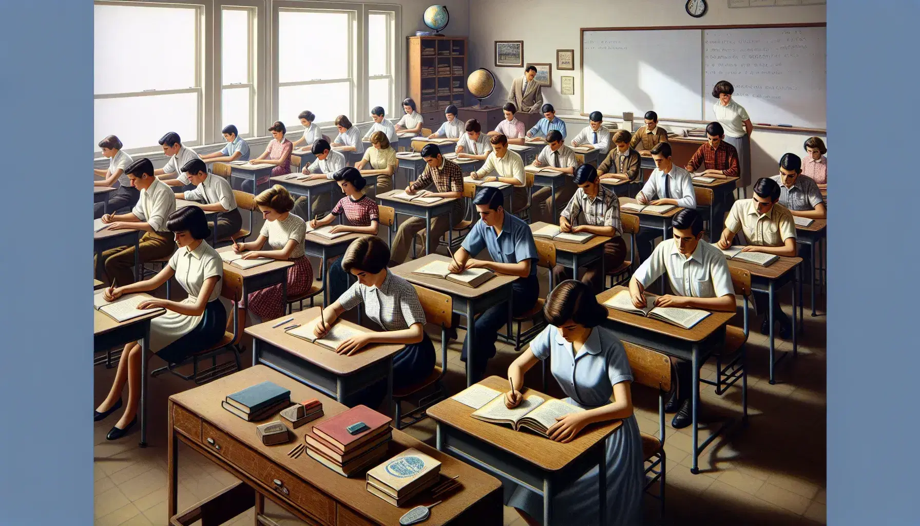 Estudiantes diversos concentrados en sus estudios en aula mexicana de los años 60-70, con mesas de madera, pizarra limpia y luz natural.