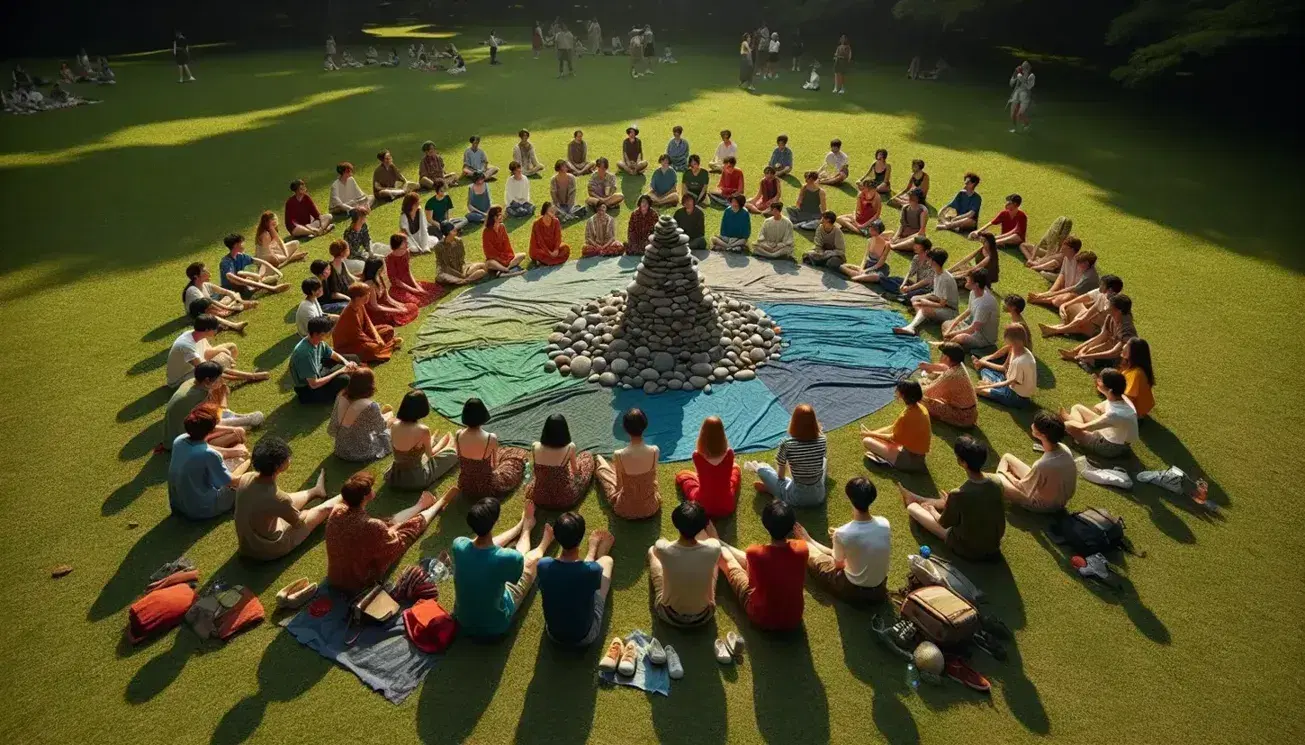 Grupo diverso de personas sentadas en círculo sobre manta verde en parque, con torre de piedras en el centro, bajo sombra de árboles en día soleado.