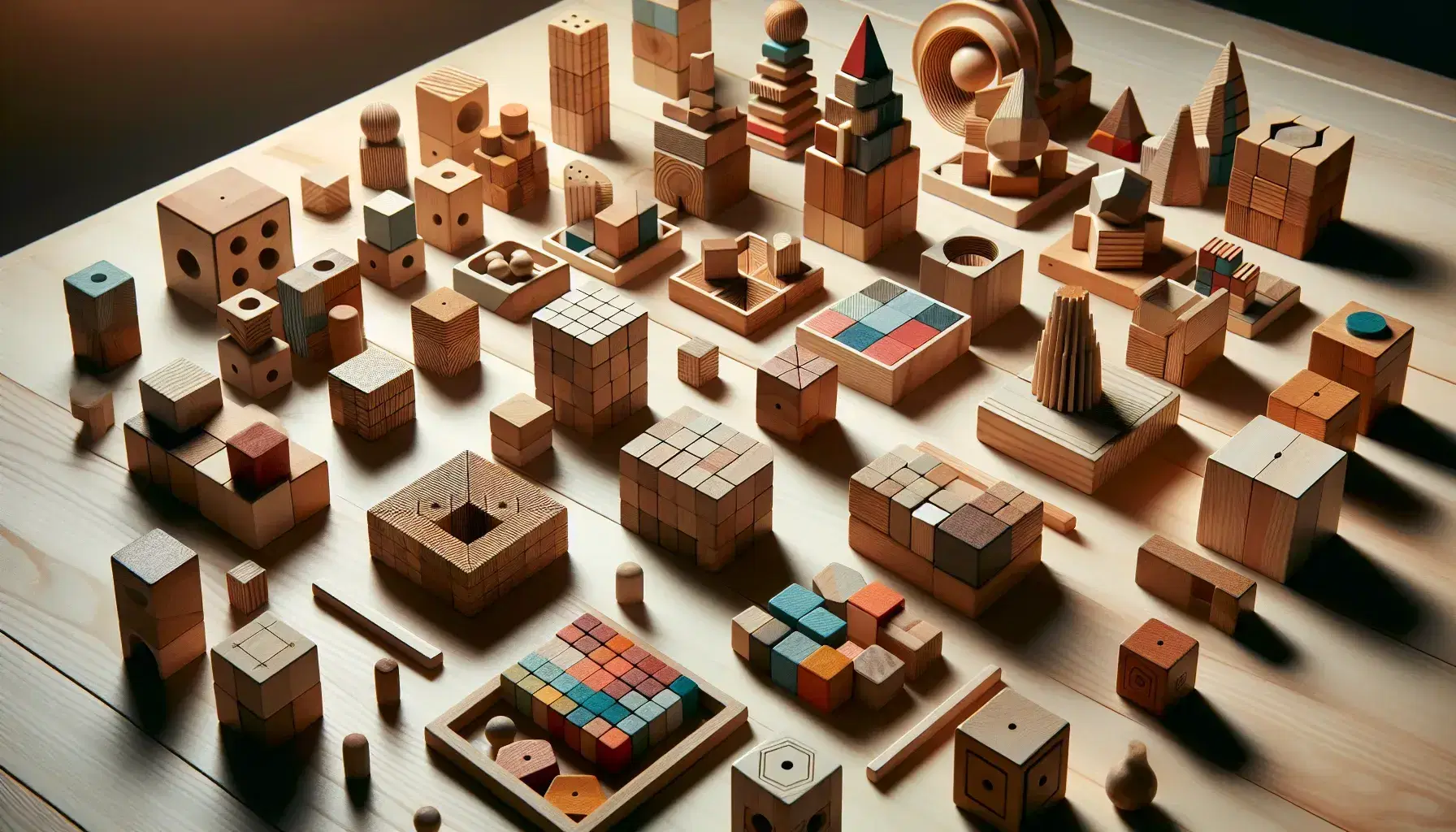 Blocchi di legno colorati in varie forme e dimensioni impilati in diverse configurazioni su un tavolo chiaro, con ombre morbide.