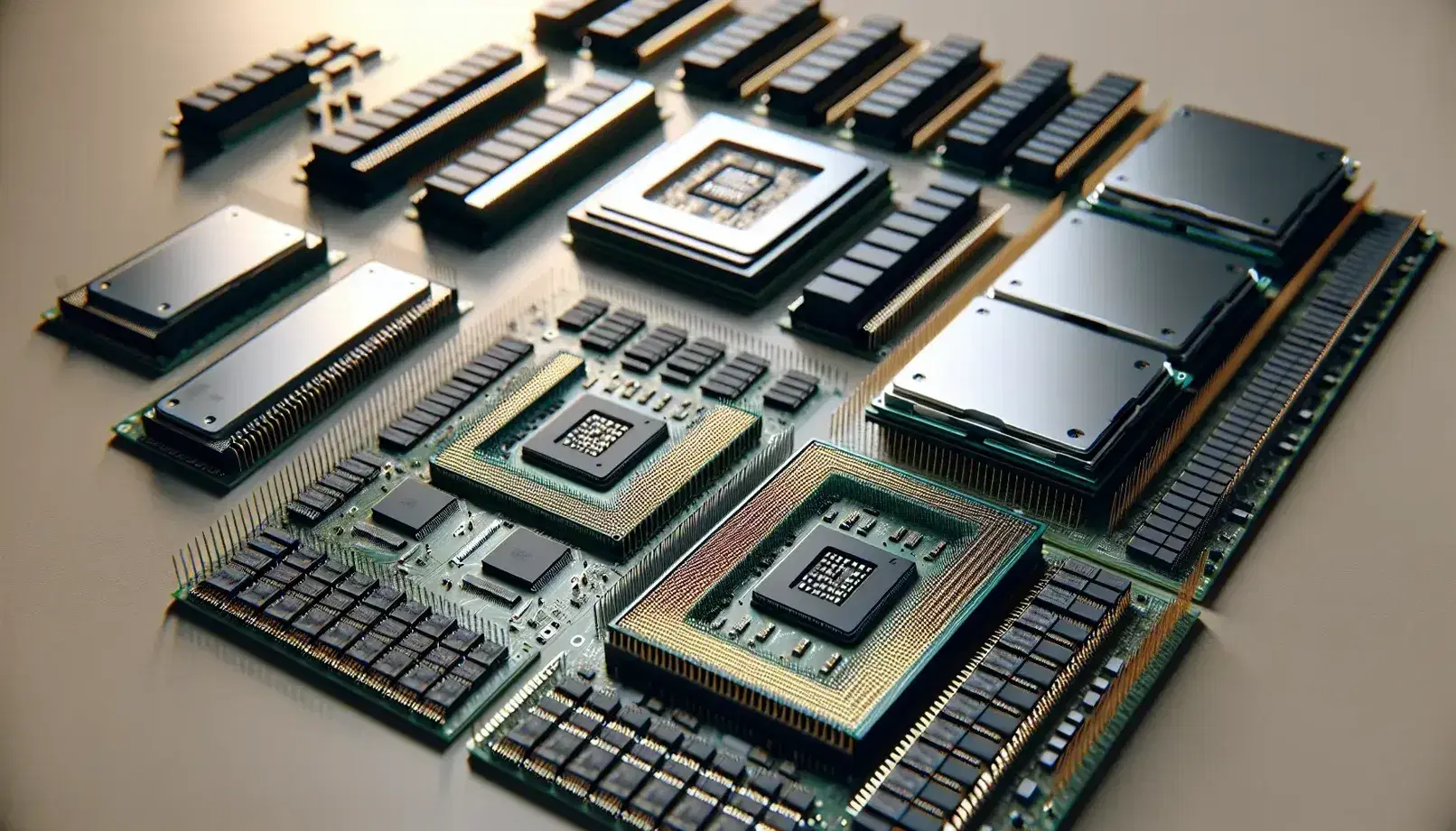 Microprocessori con pin dorati e moduli di memoria RAM con chip neri su circuito verde, disposti ordinatamente su superficie neutra.