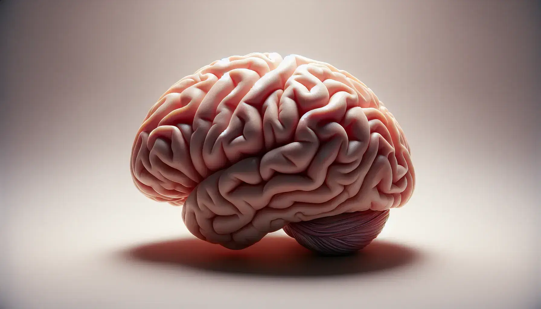 Vista superior de un cerebro humano realista destacando surcos y giros corticales en tonos rosados y grises, con iluminación suave que resalta su estructura tridimensional.