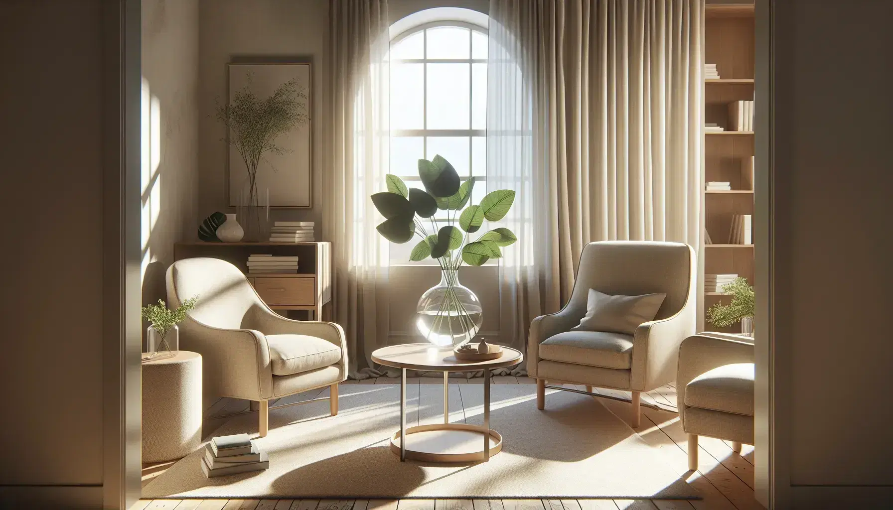 Cozy therapeutic office with beige chairs, wooden coffee table, bookcase with books, plant and natural light from a window with white curtains.