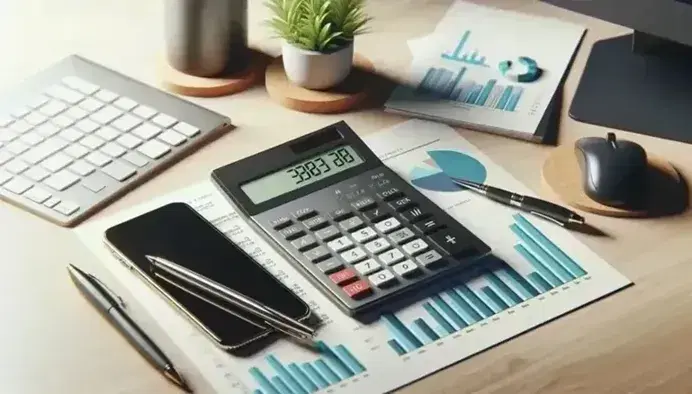 Escritorio de oficina con calculadora negra apagada, smartphone mostrando gráfico circular, papeles con gráficos, bolígrafo azul metálico, planta en maceta blanca, taza de café y teclado con ratón.