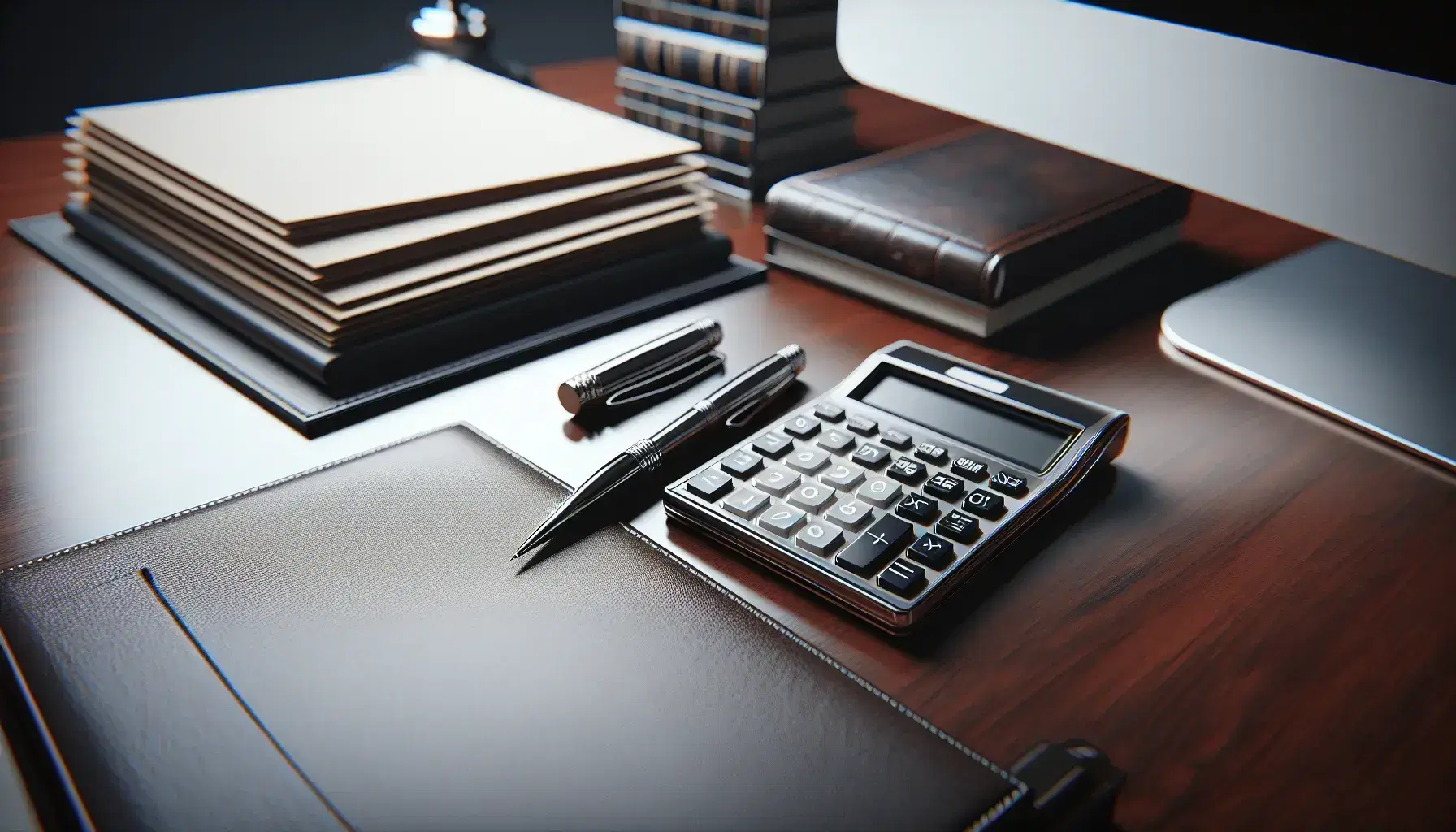Modern calculator, stack of white papers, silver pen on leather notebook, and computer monitor on polished mahogany desk in an office.
