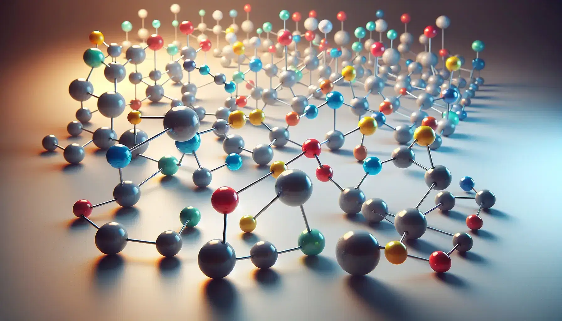 Modelo molecular tridimensional con esferas de colores que representan átomos unidos por varillas grises, reflejando una estructura química compleja.