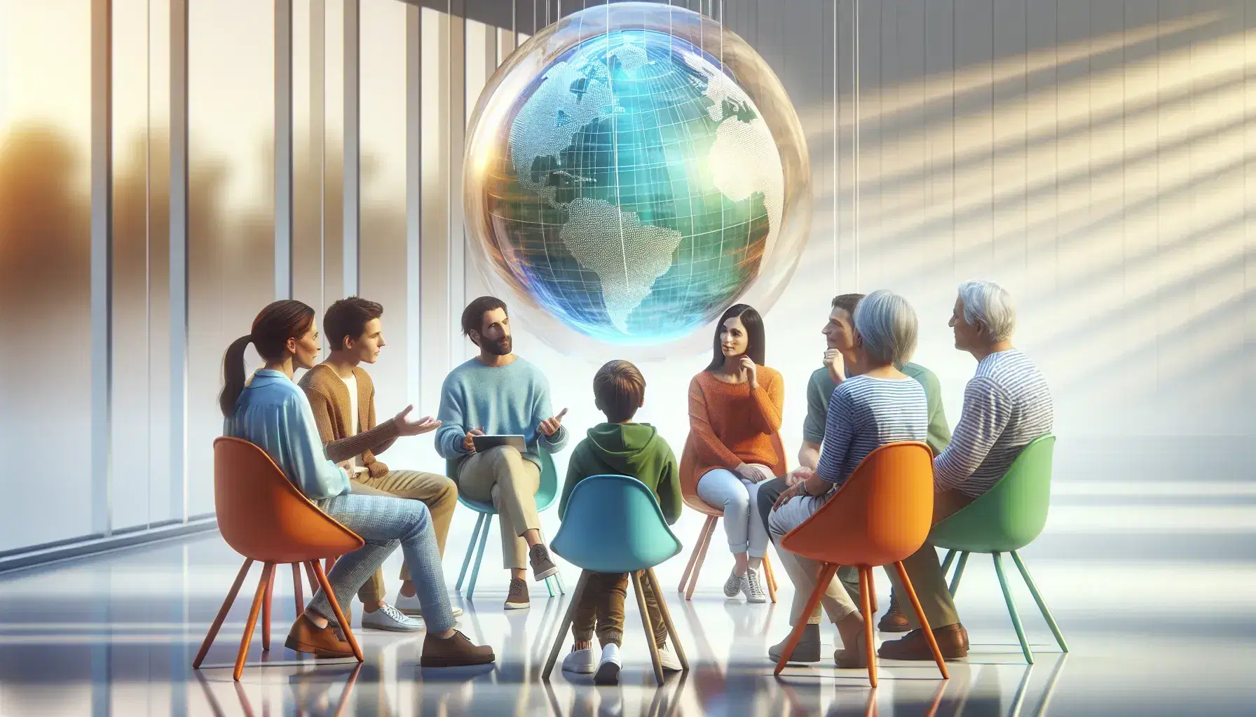 Gruppo di cinque persone in conversazione sedute in cerchio attorno a un globo trasparente in una stanza luminosa.