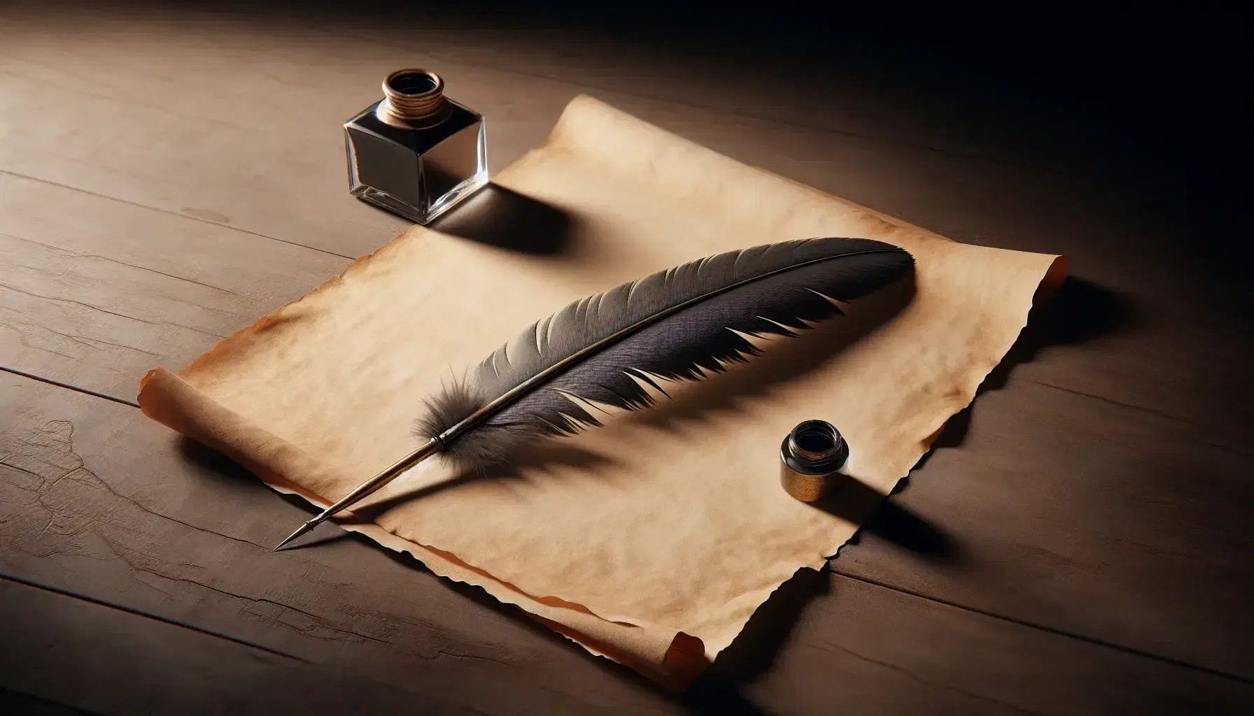 Antique quill and inkwell on a blank parchment paper, set against a dark wooden table, evoking a vintage writing scene.