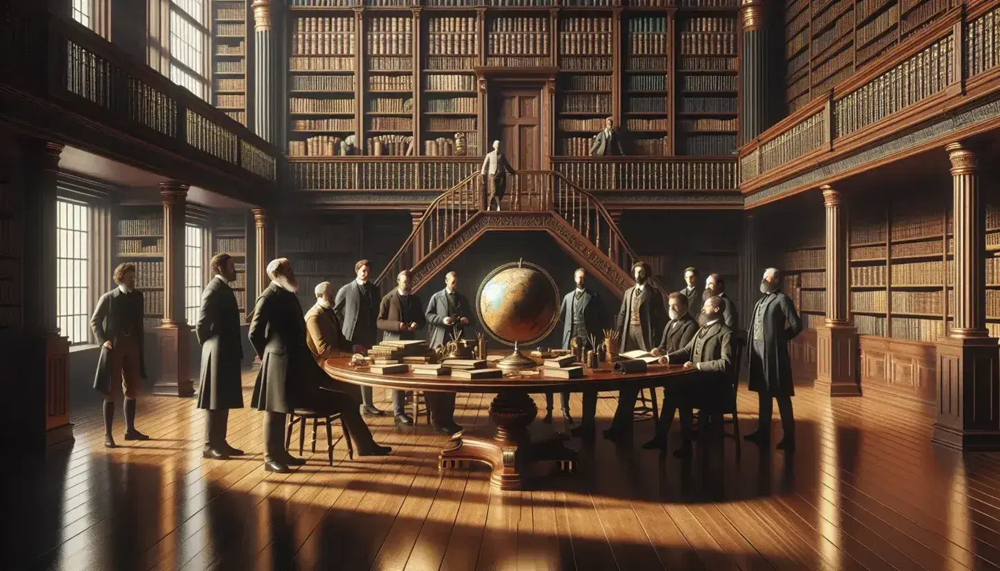 Grupo diverso de personas reunidas alrededor de una mesa redonda en una biblioteca clásica, con un globo antiguo, gafas y pluma fuente sobre la mesa, y estantes de libros al fondo.