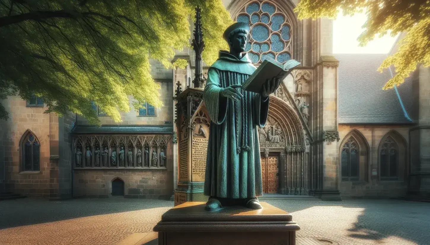 Statua in bronzo di figura storica con abito monastico e Bibbia aperta su piedistallo di pietra, sfondo di chiesa gotica tra alberi verdi e cielo azzurro.