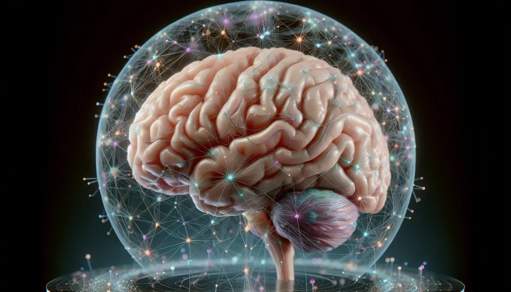 Detailed human brain model with hemispheres highlighted by colored neural networks, blue-green on the left and yellow-red on the right, on a gray background.