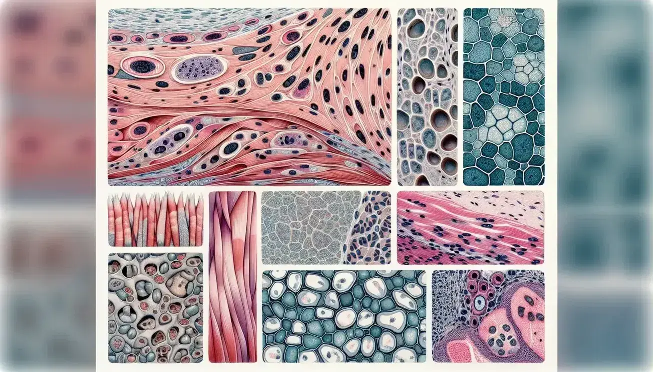 Vista microscópica de tejidos animales con tejido conectivo, músculo estriado, epitelial, conectivo laxo, cartilaginoso y óseo destacando sus estructuras y células características.