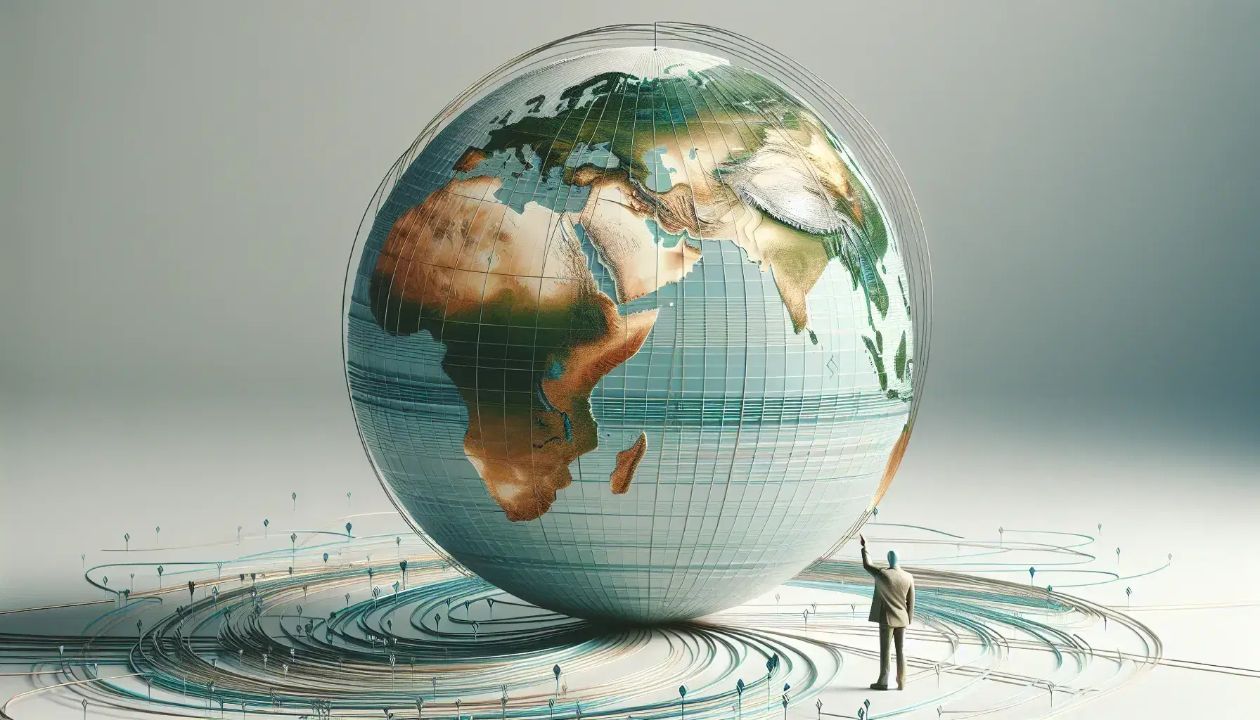 Globo detallado con continentes en verdes y marrones, océanos en azul claro y líneas curvas con flechas que sugieren rutas globales, junto a figura humana en actitud de interacción.
