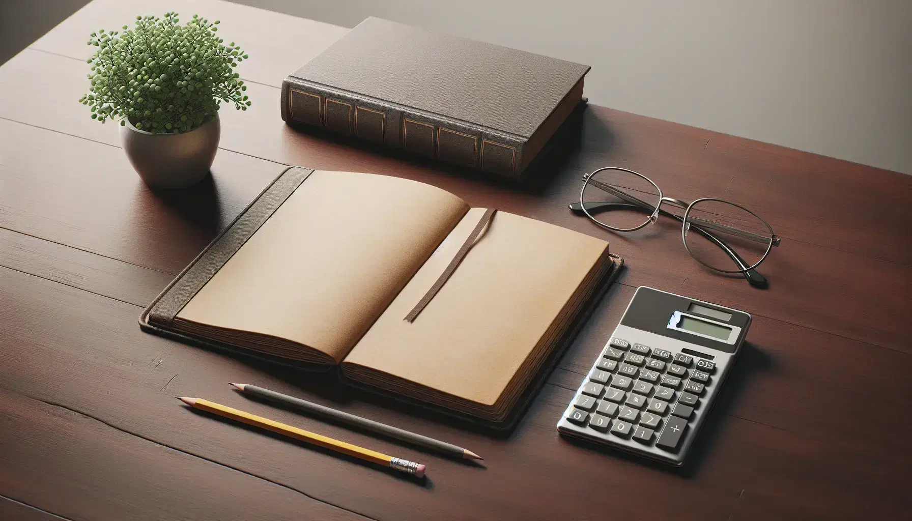Escritorio de madera oscura con libro abierto, calculadora apagada, gafas metálicas y lápiz amarillo junto a planta en maceta blanca.