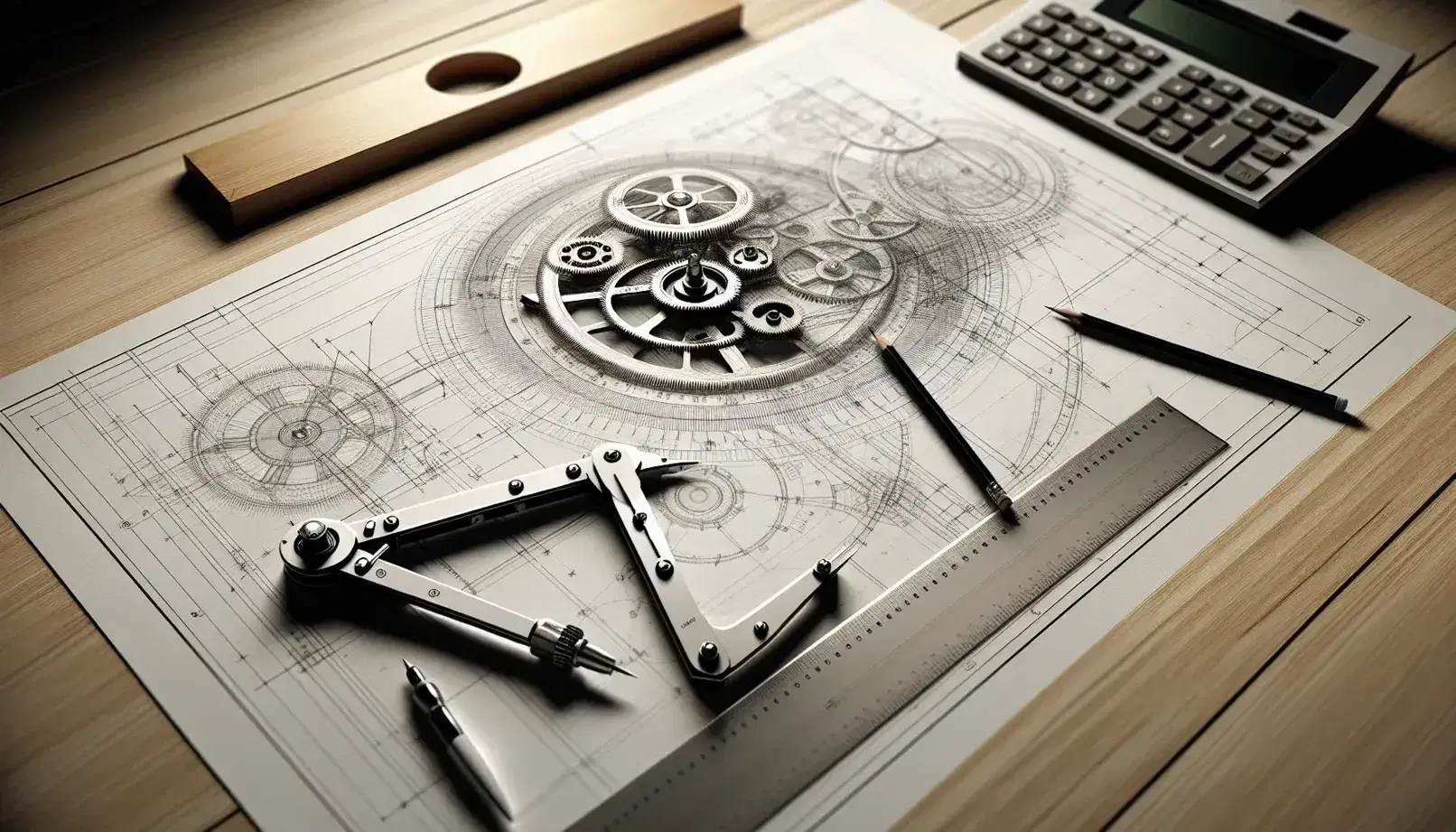 Banco da lavoro in legno con disegno tecnico dettagliato di meccanismo, righello trasparente, compasso e matita affilata, calcolatrice scientifica sfocata sullo sfondo.