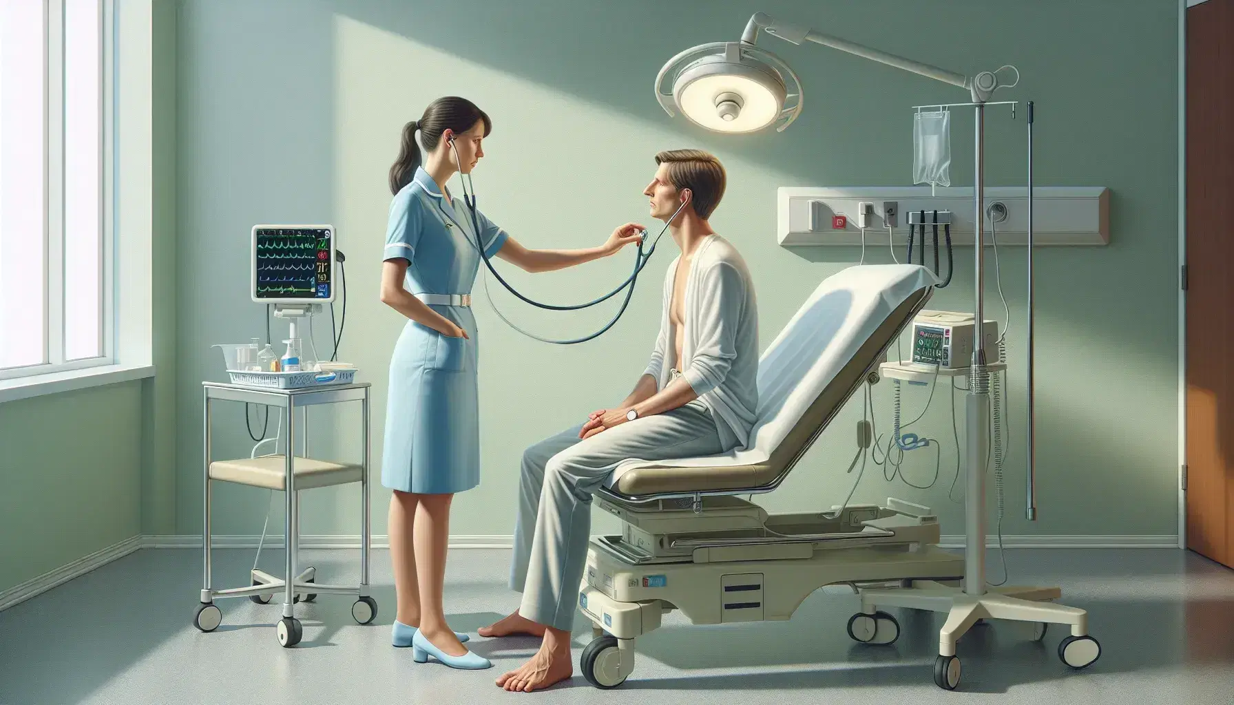 Enfermera atendiendo a paciente sentado con estetoscopio en consulta médica, uniforme azul claro, fondo de sala con monitor de signos vitales y lámpara de examen.