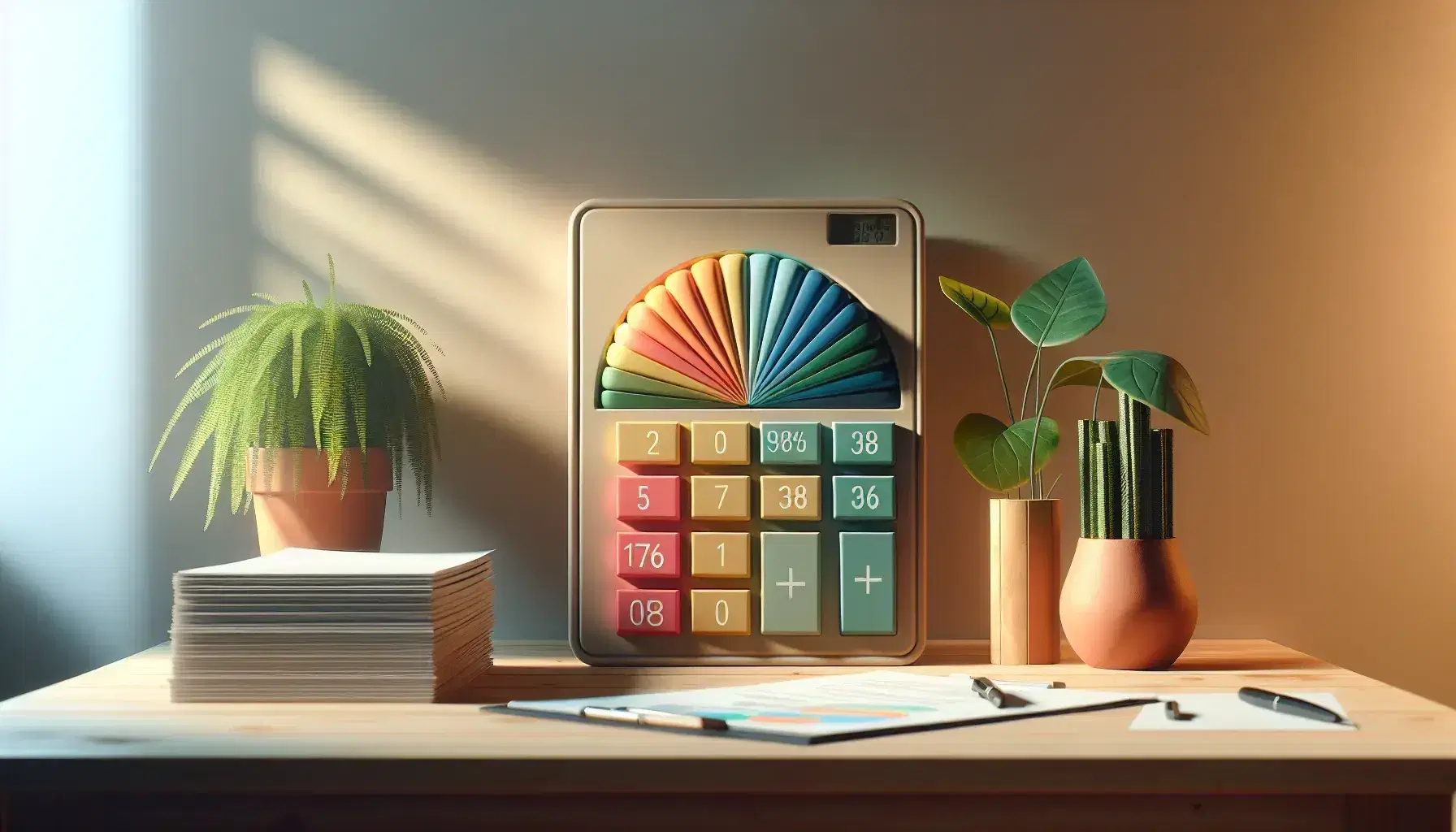 Scrivania in legno chiaro con calcolatrice digitale, grafico a torta colorato, pile di fogli e pianta verde in vaso di terracotta.