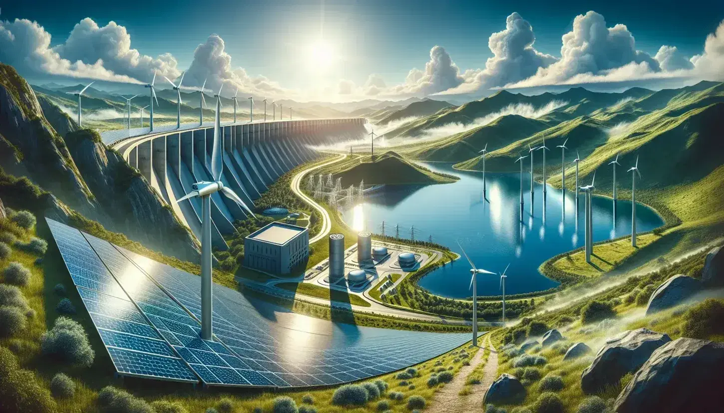 Paesaggio con pannelli solari, diga idroelettrica, turbine eoliche e vapore geotermico su montagne, simbolo di energie rinnovabili.