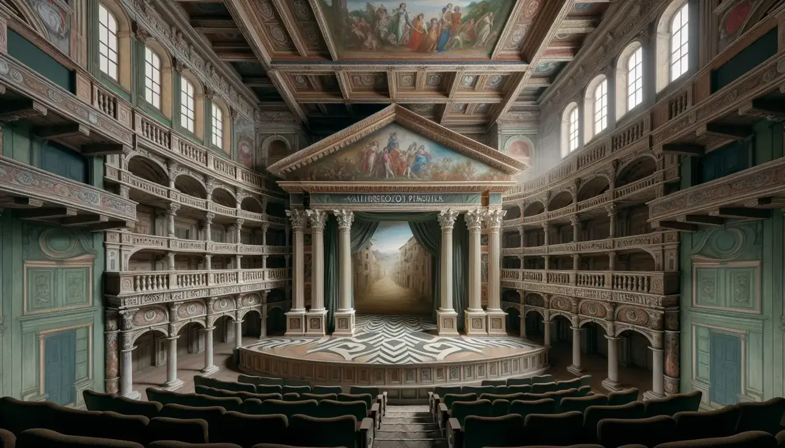 Teatro rinascimentale italiano con palcoscenico adornato da colonne e pedimento, affreschi di paesaggi sulle ali e balconate in legno.