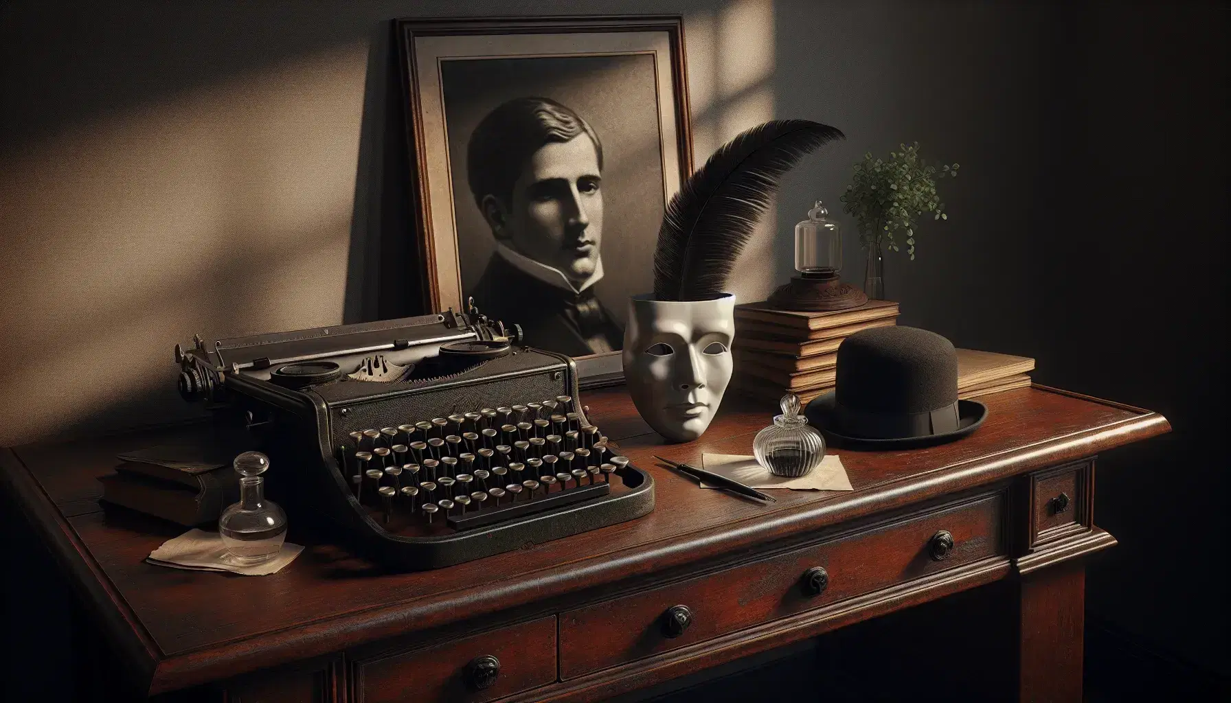 Scrivania antica in legno scuro con macchina da scrivere vintage, calamaio, piuma, maschera teatrale neutra e cappello nero.
