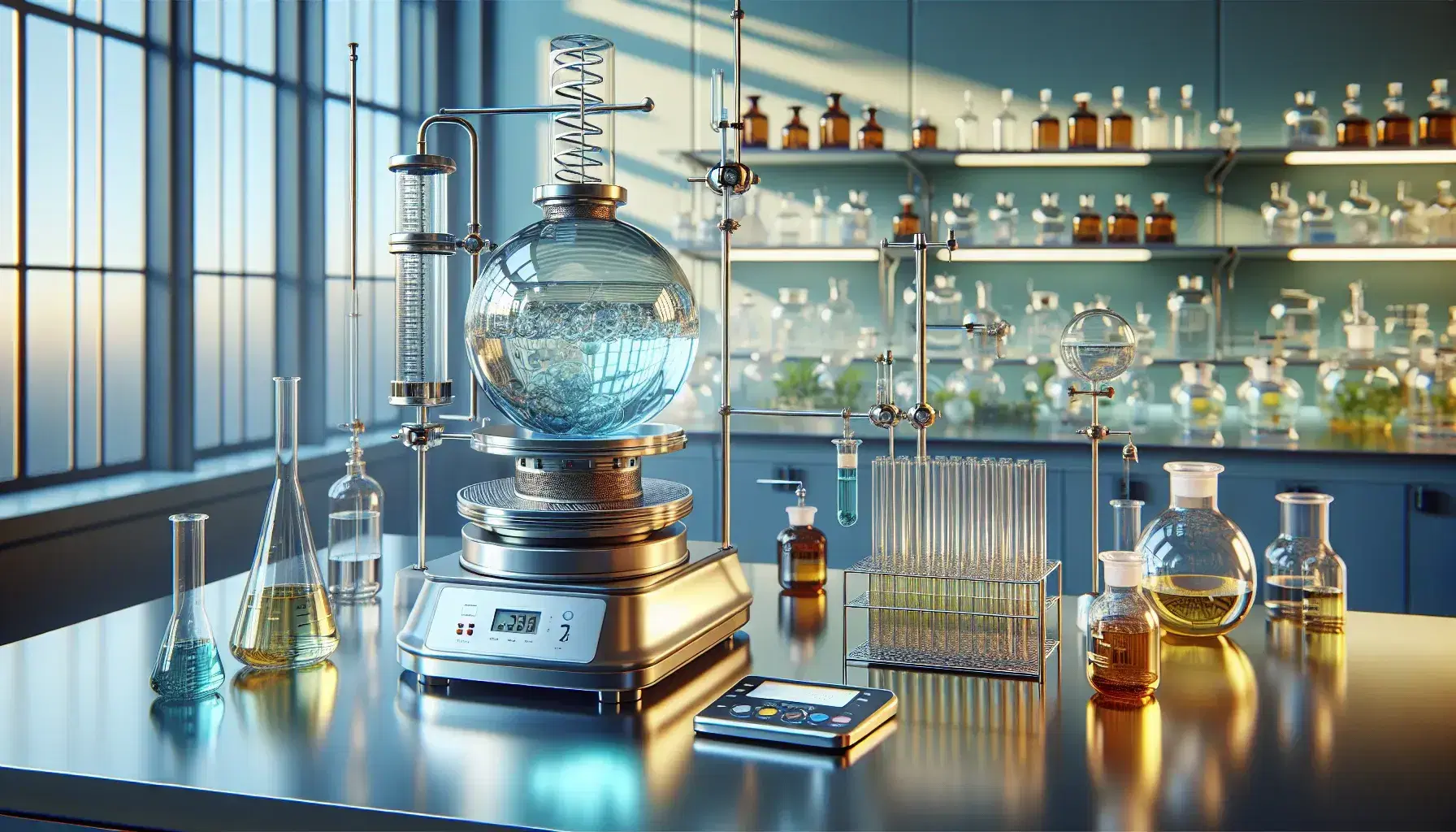 Laboratorio chimico moderno con tavolo in acciaio, distillatore, provette con liquidi gialli e bilancia analitica digitale, illuminato da luce naturale.