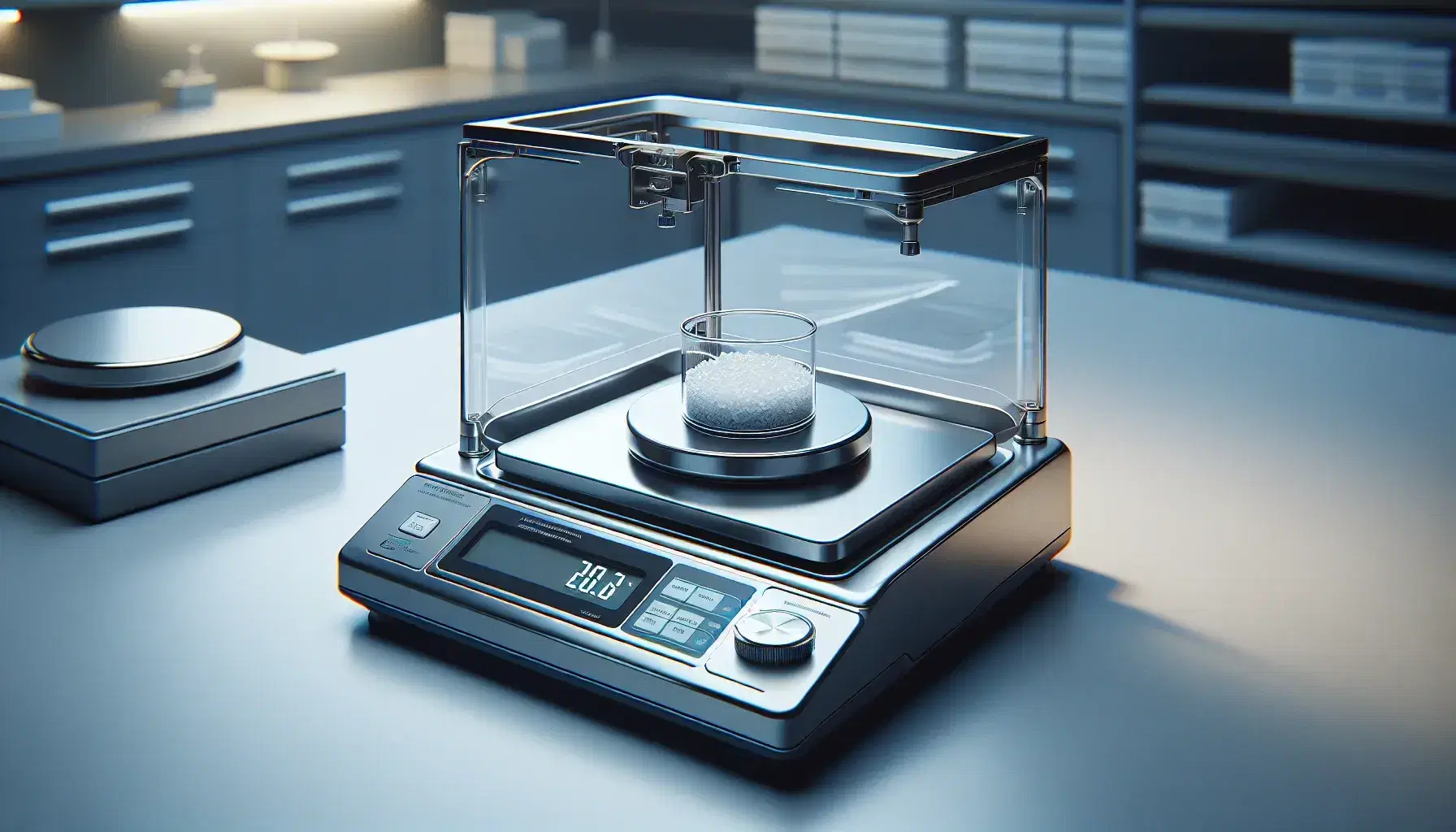 Bilancia analitica di precisione in laboratorio con piatto in acciaio inox e cilindro trasparente contenente sostanza granulare bianca, pannello di controllo spento.