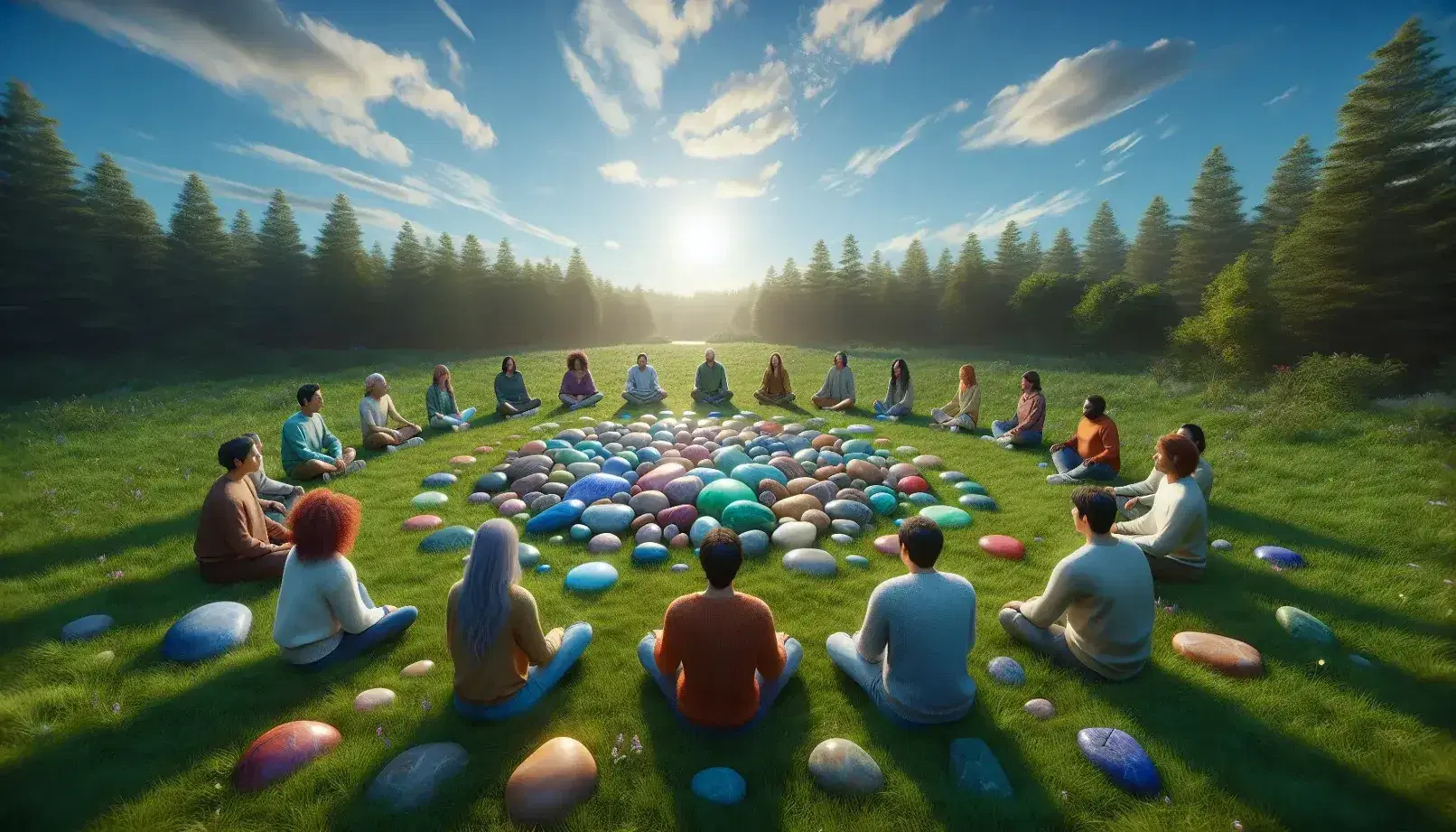 Group of people sitting in a circle on green grass in a park with trees, blue sky and quiet lake, surrounded by colorful stones.