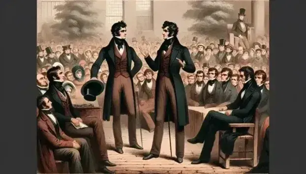 Historic 19th century scene with three men in period clothing arguing in front of a crowd, with classical building in the background.