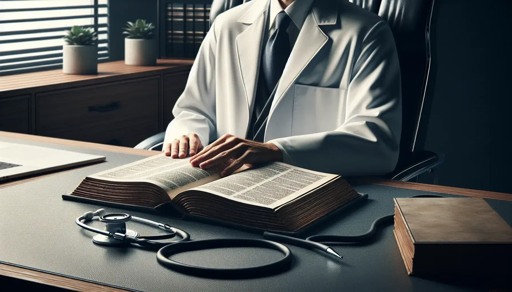 Clinical environment with wooden desk, open book, stethoscope, blue padded chair and person in white coat holding glasses.