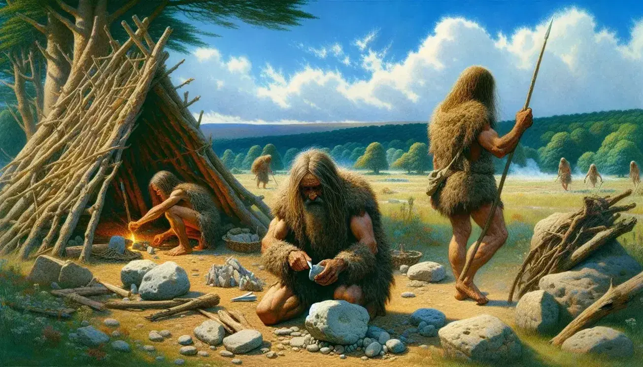 Tres figuras humanas con vestimentas de piel y cabello largo en un paisaje natural, una con lanza, otra tallando piedra y la tercera vigilante, junto a un refugio rústico.