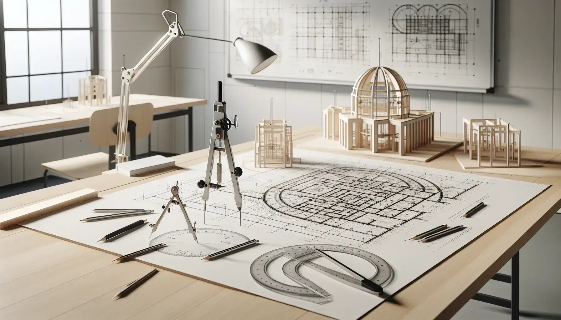 Estación de trabajo de ingeniería con instrumentos de dibujo técnico, planos detallados y modelo tridimensional en un aula iluminada.