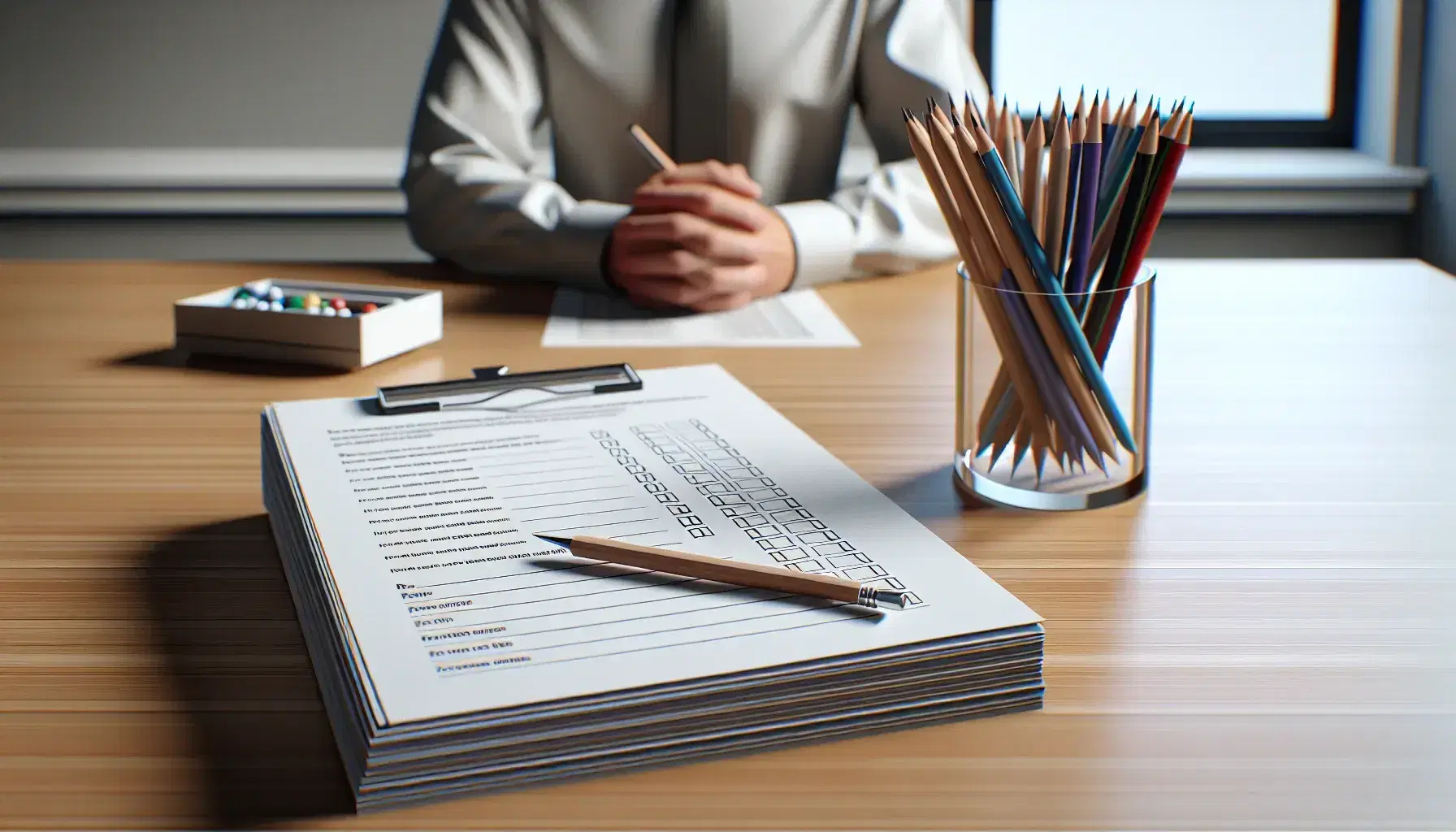 Tidy office with wooden desk, stacks of white forms, jar of colorful pens and modern digital clock, blurry person in background.