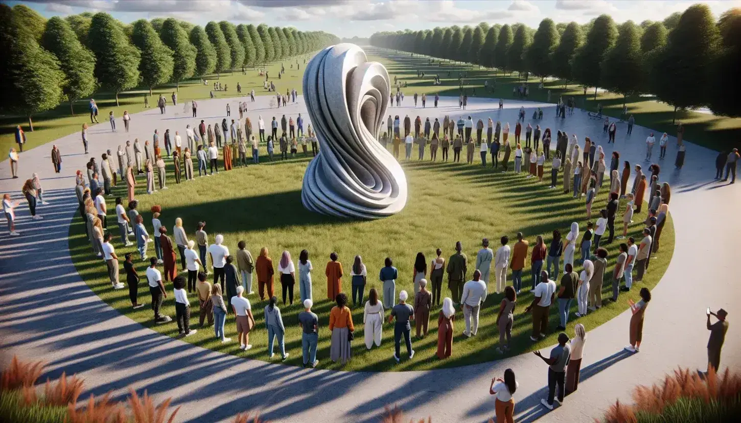 Grupo diverso de personas en círculo alrededor de una escultura abstracta en un parque, con árboles y cielo azul de fondo.