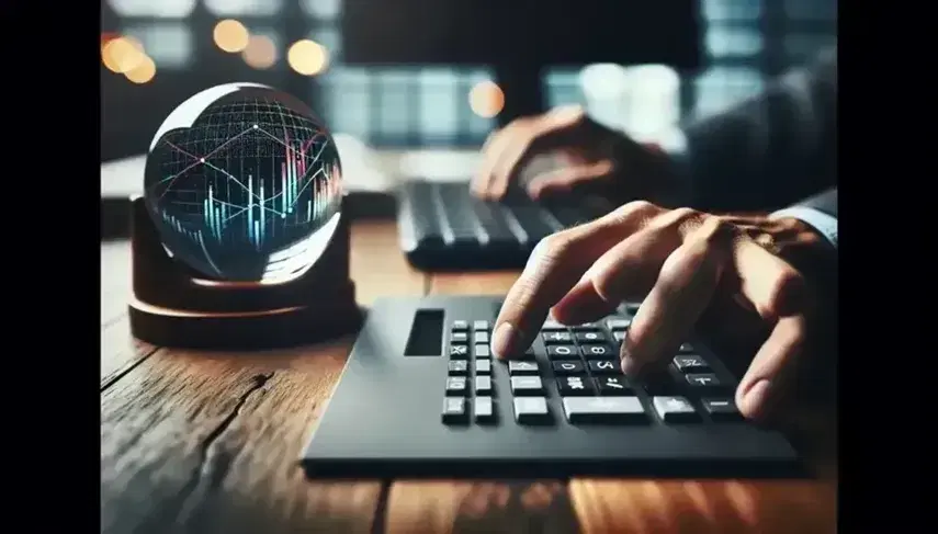 Hands above a financial calculator on wooden desk with crystal ball and monitor with colorful blurred graphs.