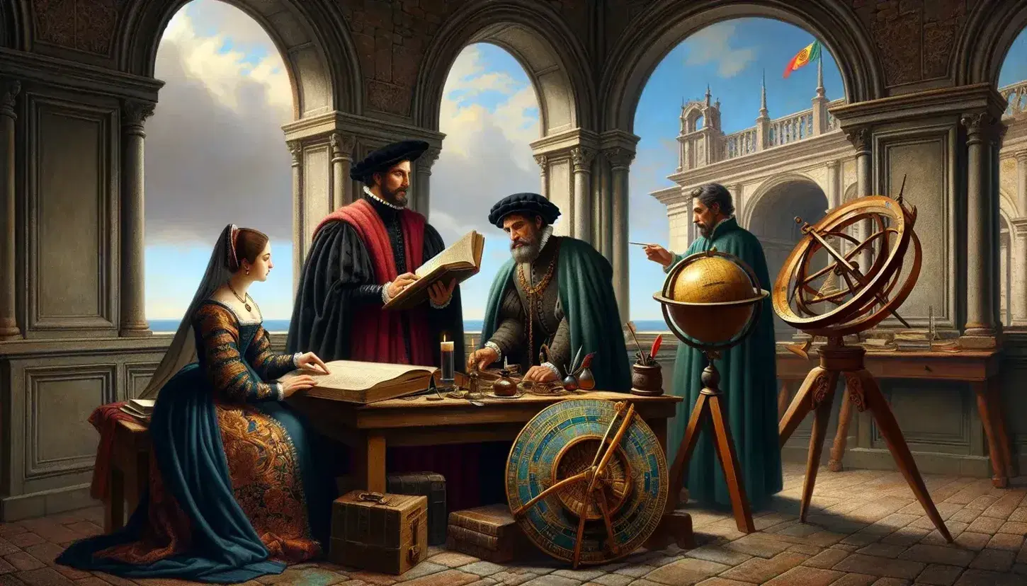 Renaissance painting with three figures in dialogue in the Iberian Peninsula, traditional clothes, open book, objects on table, background with Spanish building.