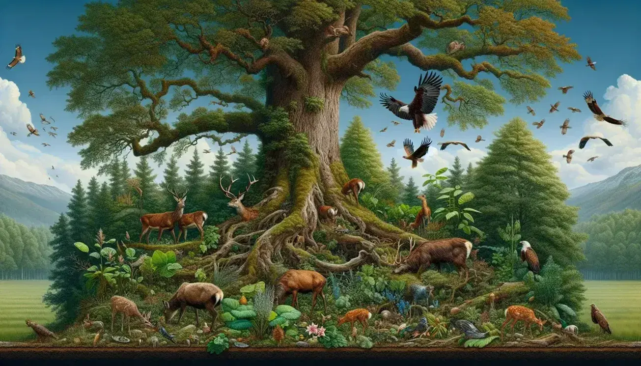 Scena forestale con albero maestoso, sottobosco verde, cervi al pascolo e rapace in atterraggio su ramo, sotto cielo nuvoloso.