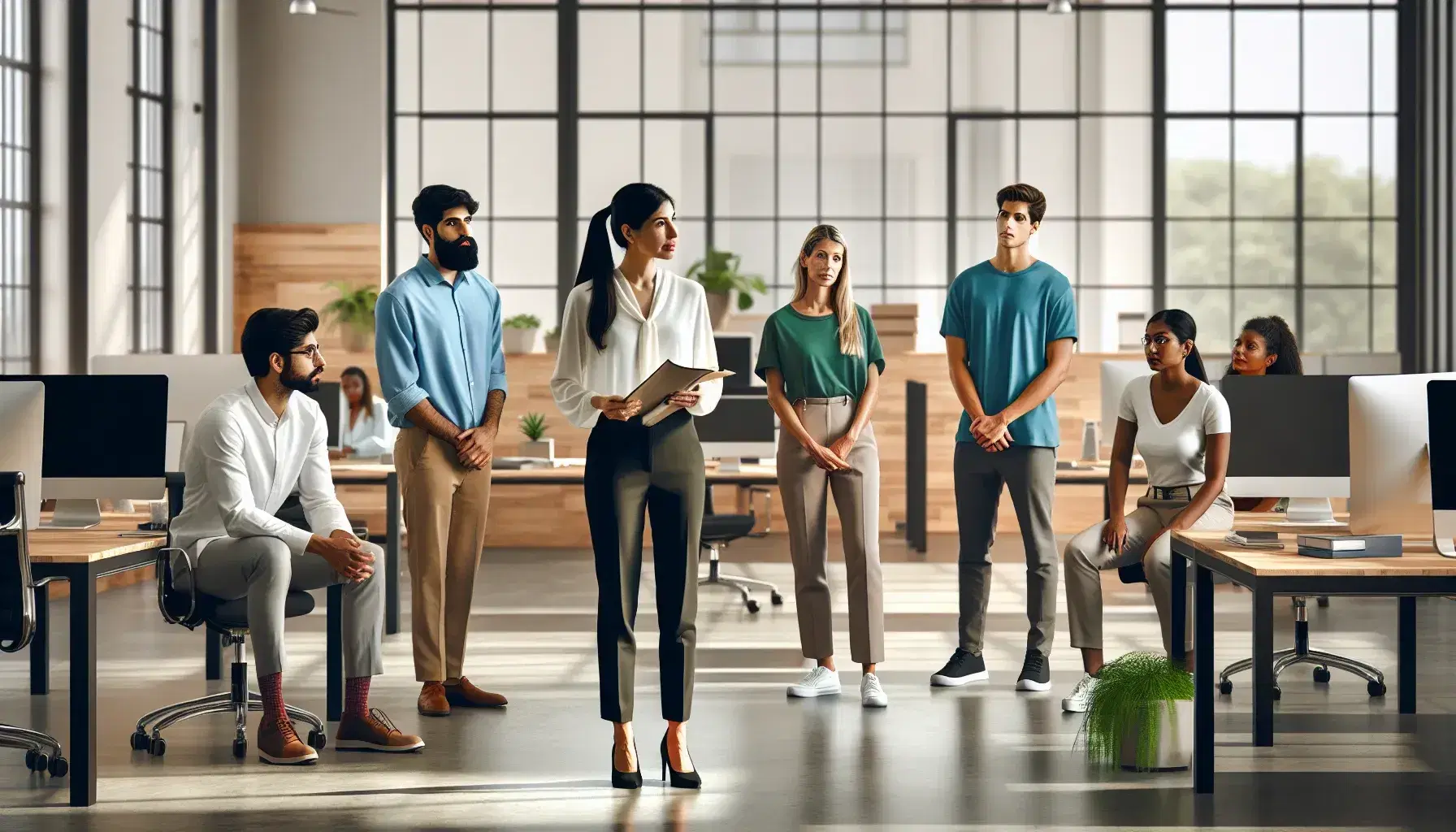 Grupo diverso de profesionales en reunión de trabajo en oficina moderna con luz natural, destacando una mujer hispana que lidera la conversación.
