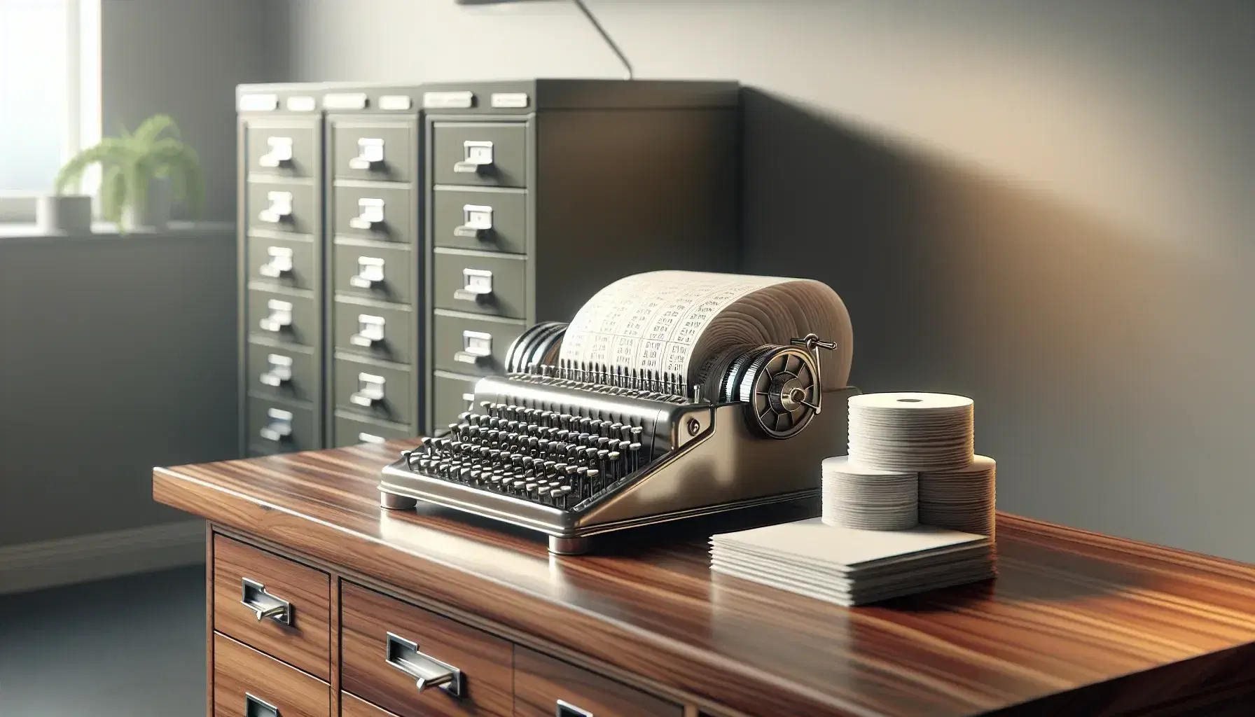 Neat office with polished wooden desk, stacks of paper, vintage adding machine, gray metal filing cabinets, and a green potted plant.