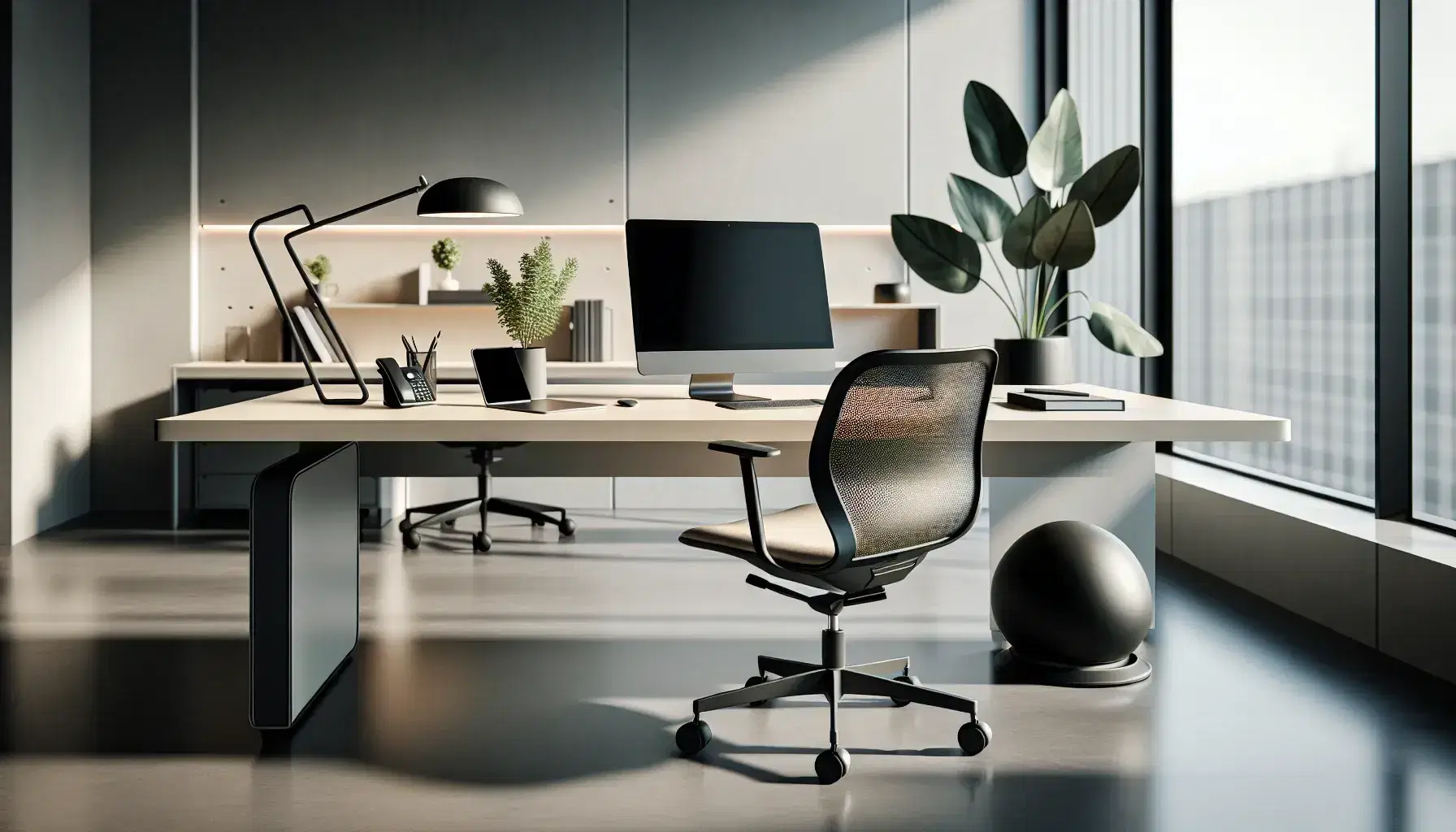 Oficina moderna y espaciosa con escritorio, silla ergonómica, laptop, teléfono inalámbrico y planta, iluminada por luz natural y artificial.