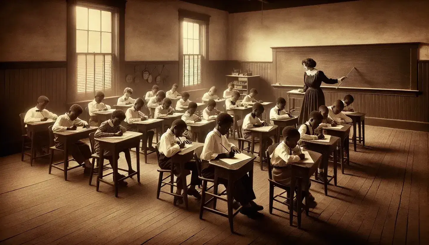 Vintage sepia photograph showing African American students at wooden desks and a female teacher by a chalkboard in a mid-20th century classroom.